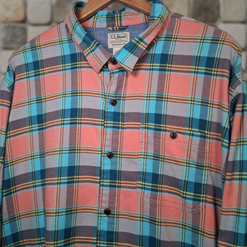 Vintage LL Bean Flannel Shirt Men XXL Reg Traditional Fit Peach Blue Plaid Button Down Size US XXL / EU 58 / 5 - 1 Thumbnail