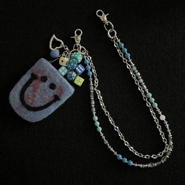 Jewelry Blue Beaded Wallet Pants Chain with Felt Smile Pouch Size ONE SIZE - 4 Thumbnail