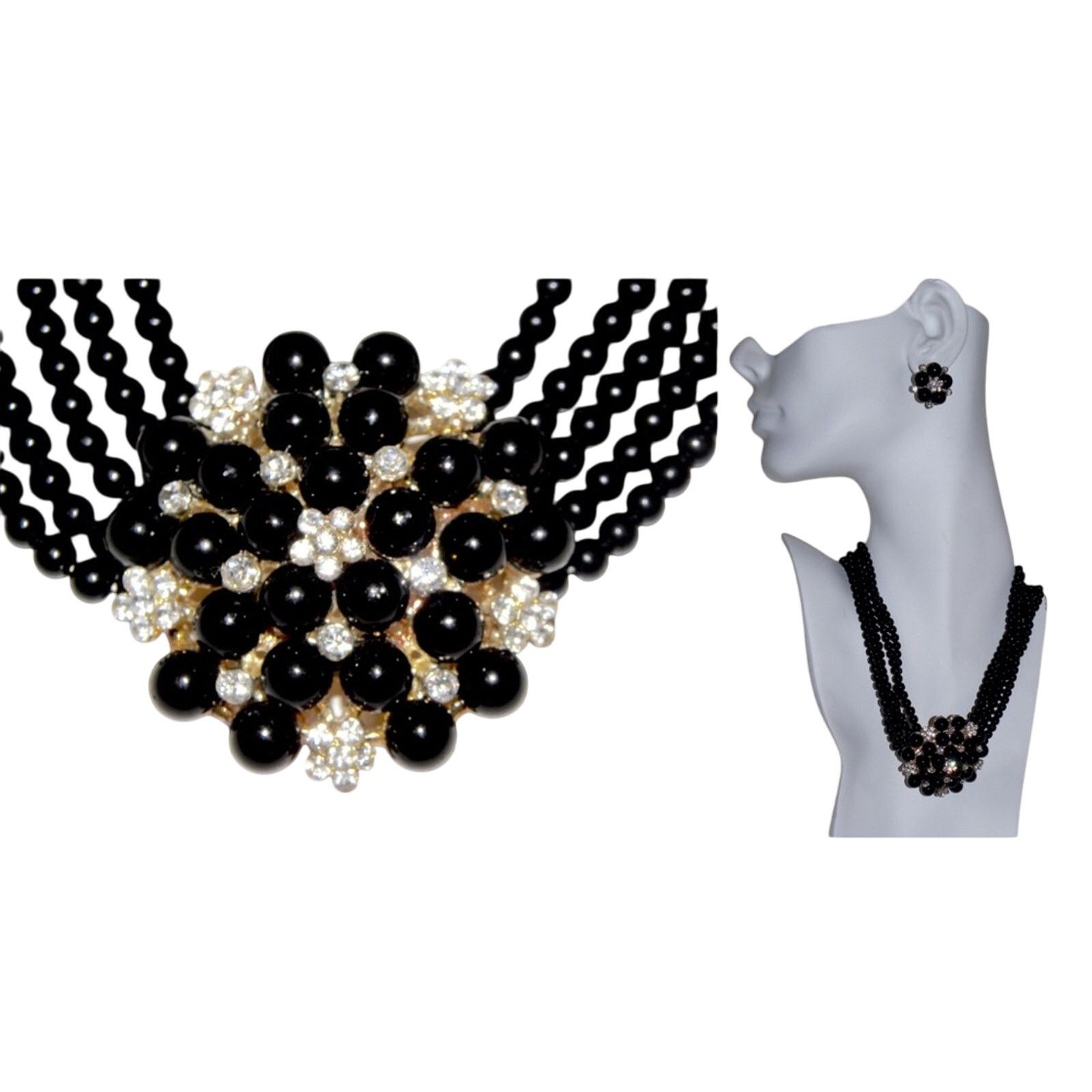 Jewelry Black Bead & Rhinestone Choker And Earrings Glam, Women's
