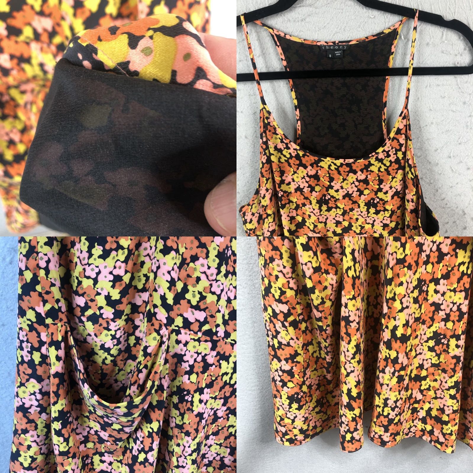 Theory VINTAGE Theory Dress Womens 8 Black Orange Flower 100% Silk Racerback Sundress Feminine Dress Size M / US 6-8 / IT 42-44 - 8 Thumbnail