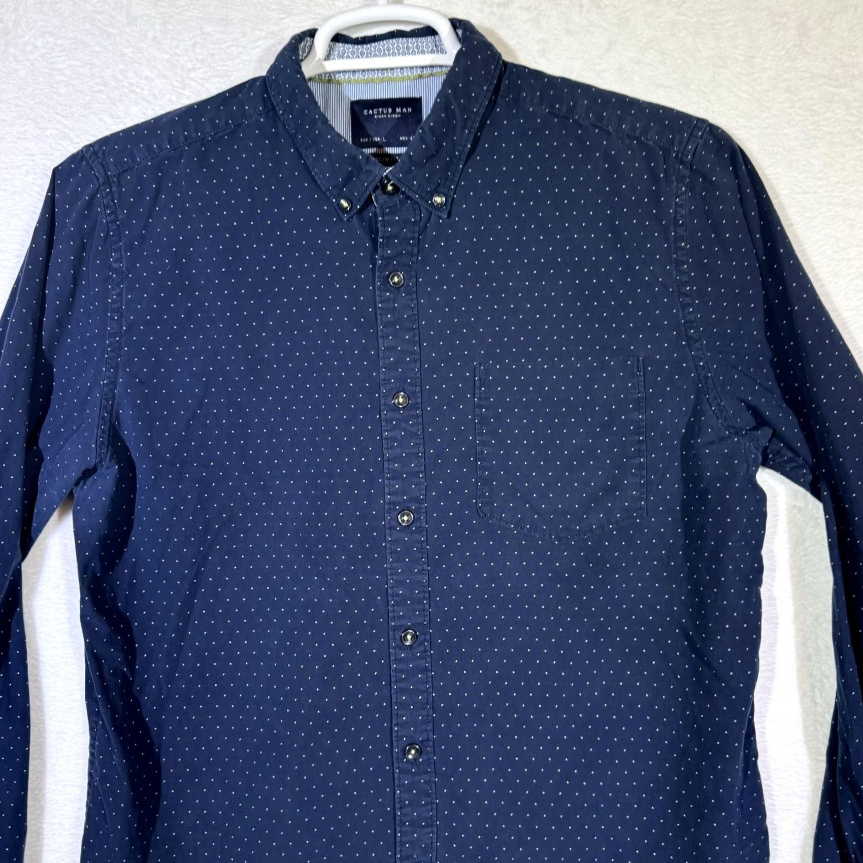 Vintage Cactus Man Shirt Mens Large Slim Fit Button Down Long Sleeve Polka Dot Cotton Blue Size 42R - 5 Thumbnail