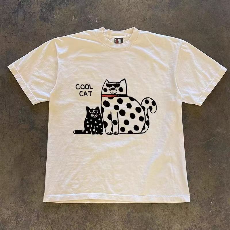 Japanese Brand Casual Retro White Cotton Cat Print T-shirt Size US M / EU 48-50 / 2 - 1 Thumbnail