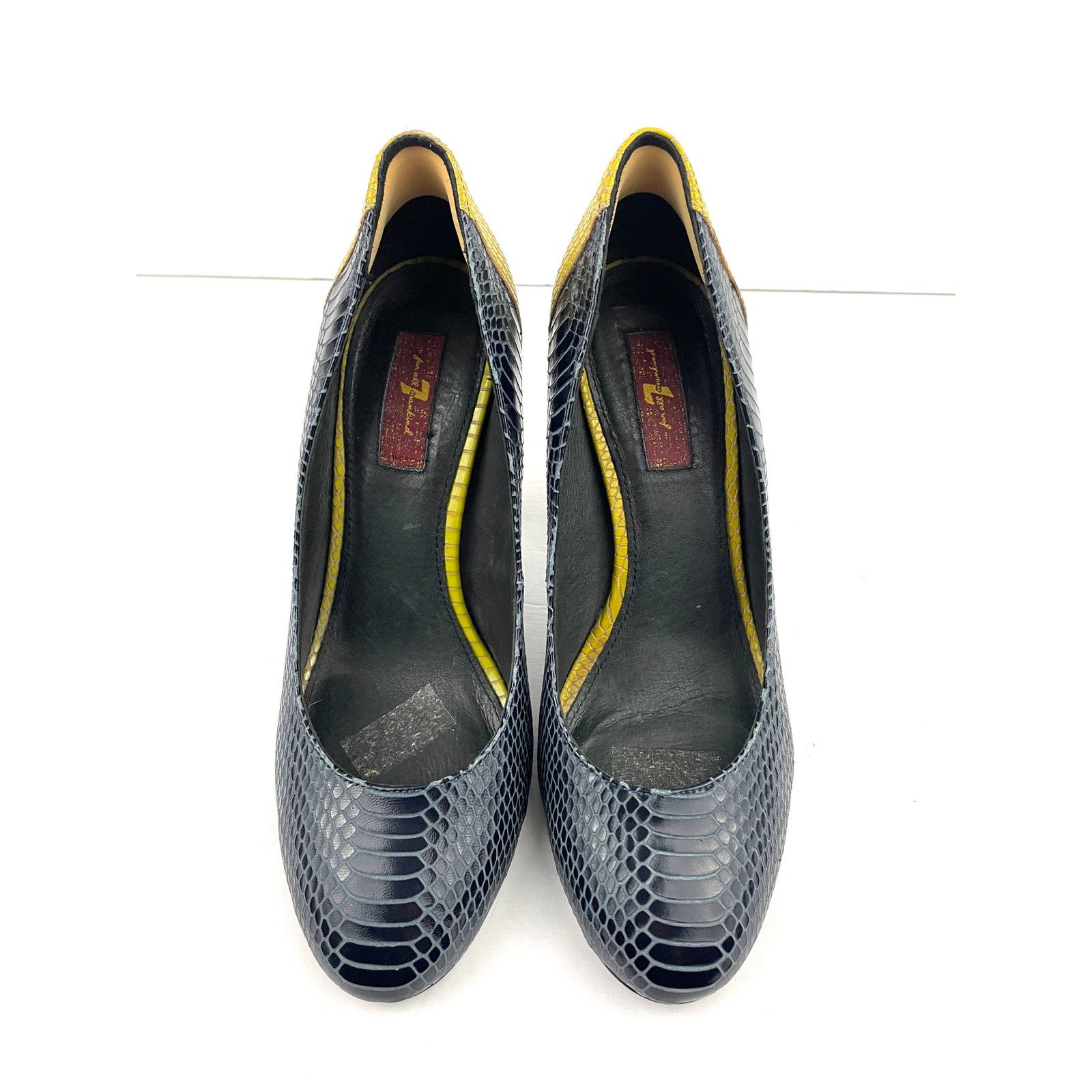 7 For All Mankind Wooden Heels Pumps Blue Yellow Snake Style 10 Leather Size US 9 / IT 39 - 2 Thumbnail