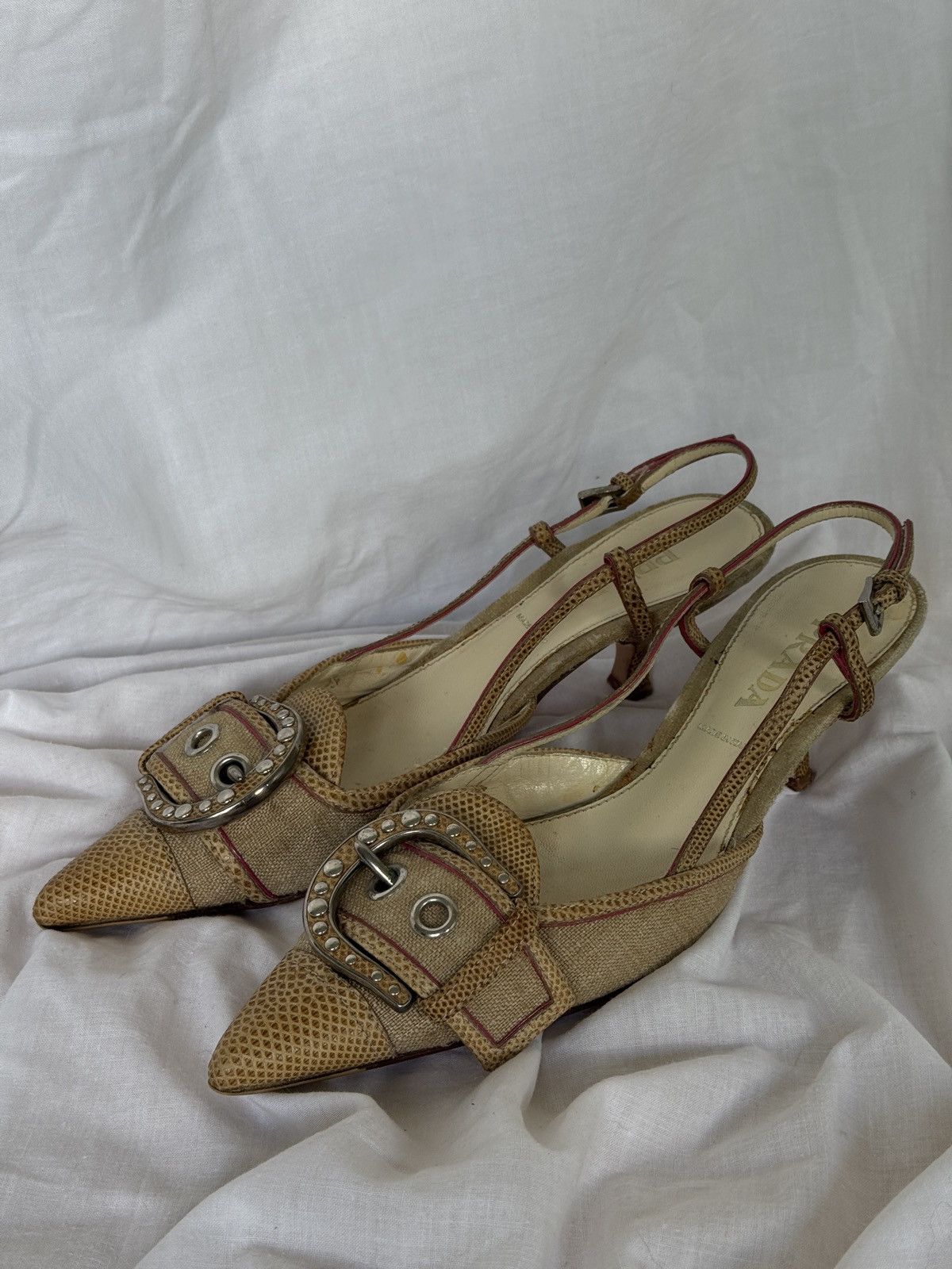 Prada Prada Cloth Beige Buckle Mules Kitten Heels Size US 6.5 / IT 36.5 - 1 Thumbnail