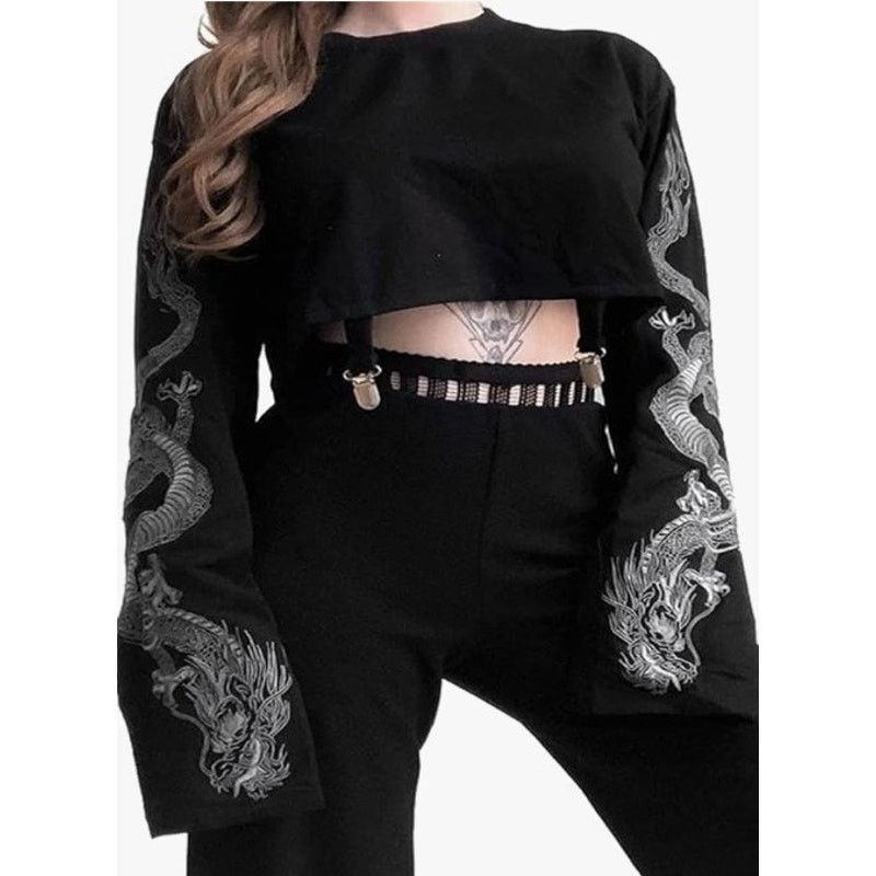 Other LS Crop Shirt w/ Suspenders, Dragons on Sleeves - Size Large Size L / US 10 / IT 46 - 1 Thumbnail