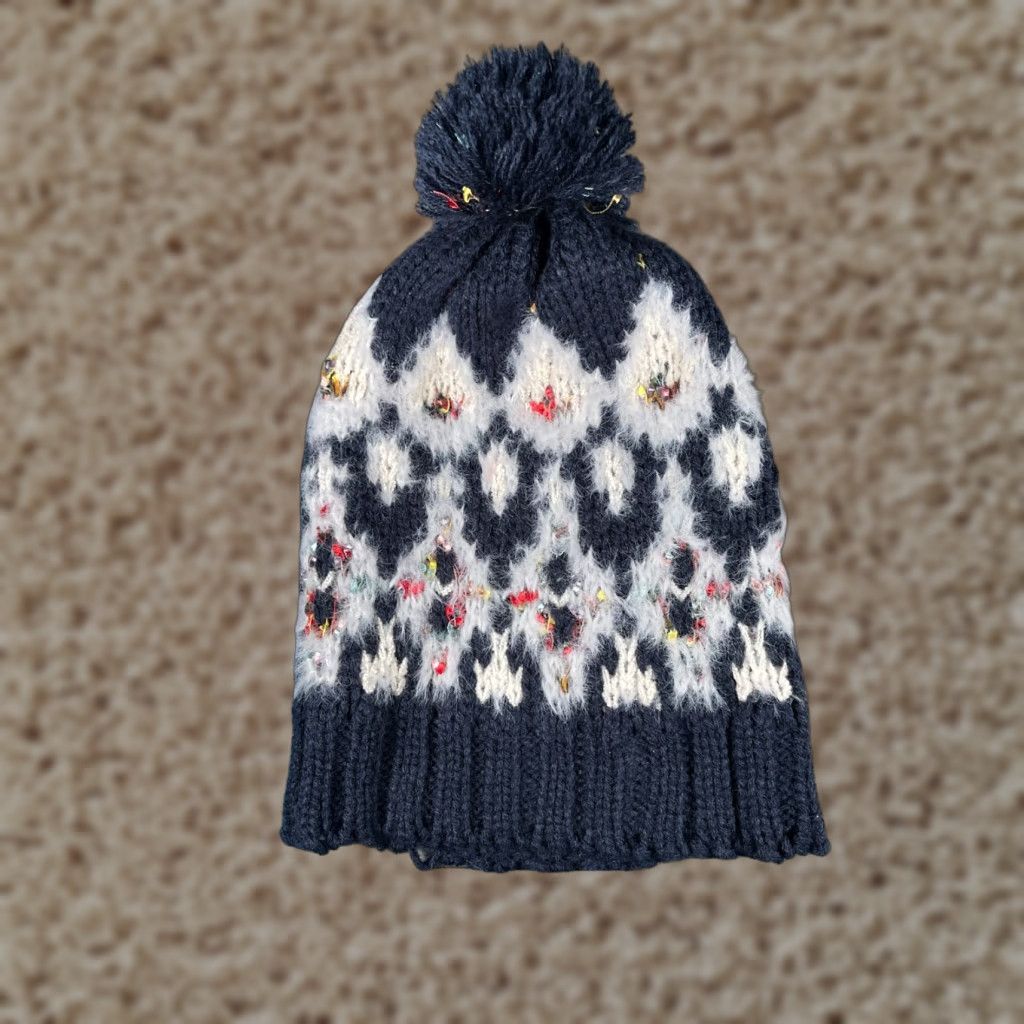 Vintage Maurices Beanie Hat Women One Size Blue Geometric Knit 100% Acrylic Pom Beanie Size ONE SIZE - 1 Thumbnail