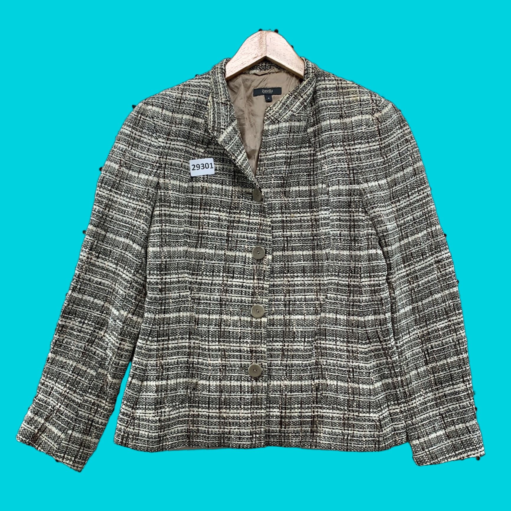 Zanella Blazer Womens Size 4 Brown Beige Linen Blend Tweed Plaid Italian 17x27