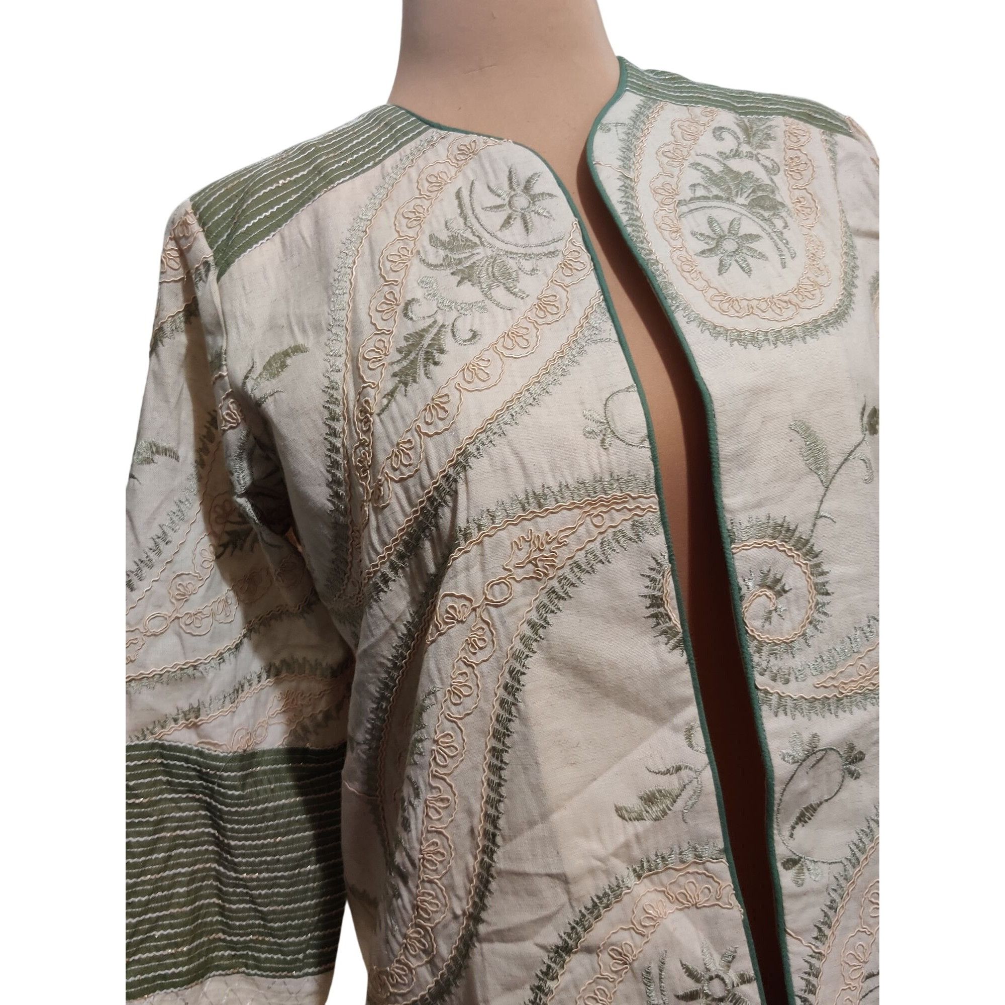 Other Womens L Jacket Boho Embroidered Fringe Cream Green Open Fro Size L / US 10 / IT 46 - 12 Thumbnail