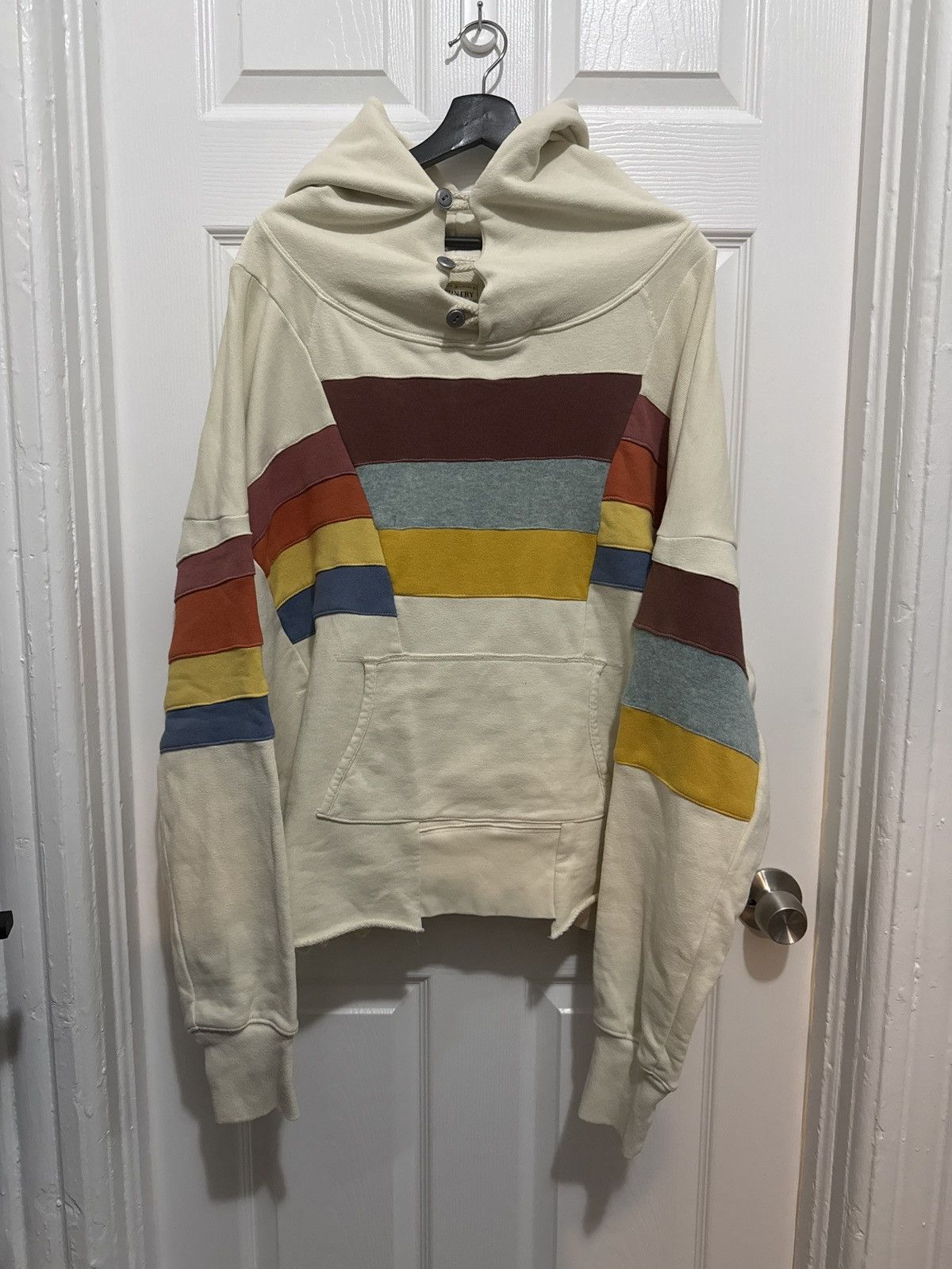 Kapital Paneled Stripe Button-Up Hoodie Cream/Multicolor
