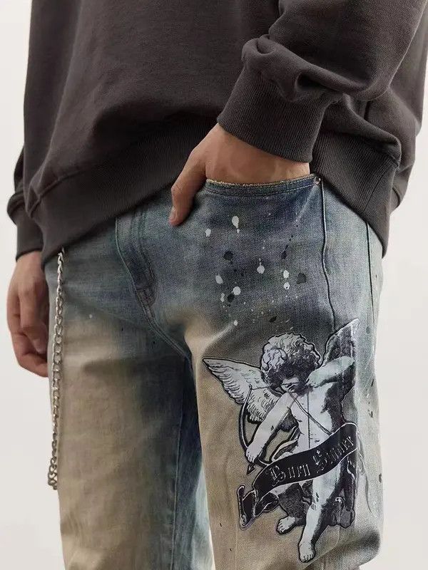 Japanese Brand VIBE High street ripped angel print chain jeans Size US 32 / EU 48 - 3 Thumbnail