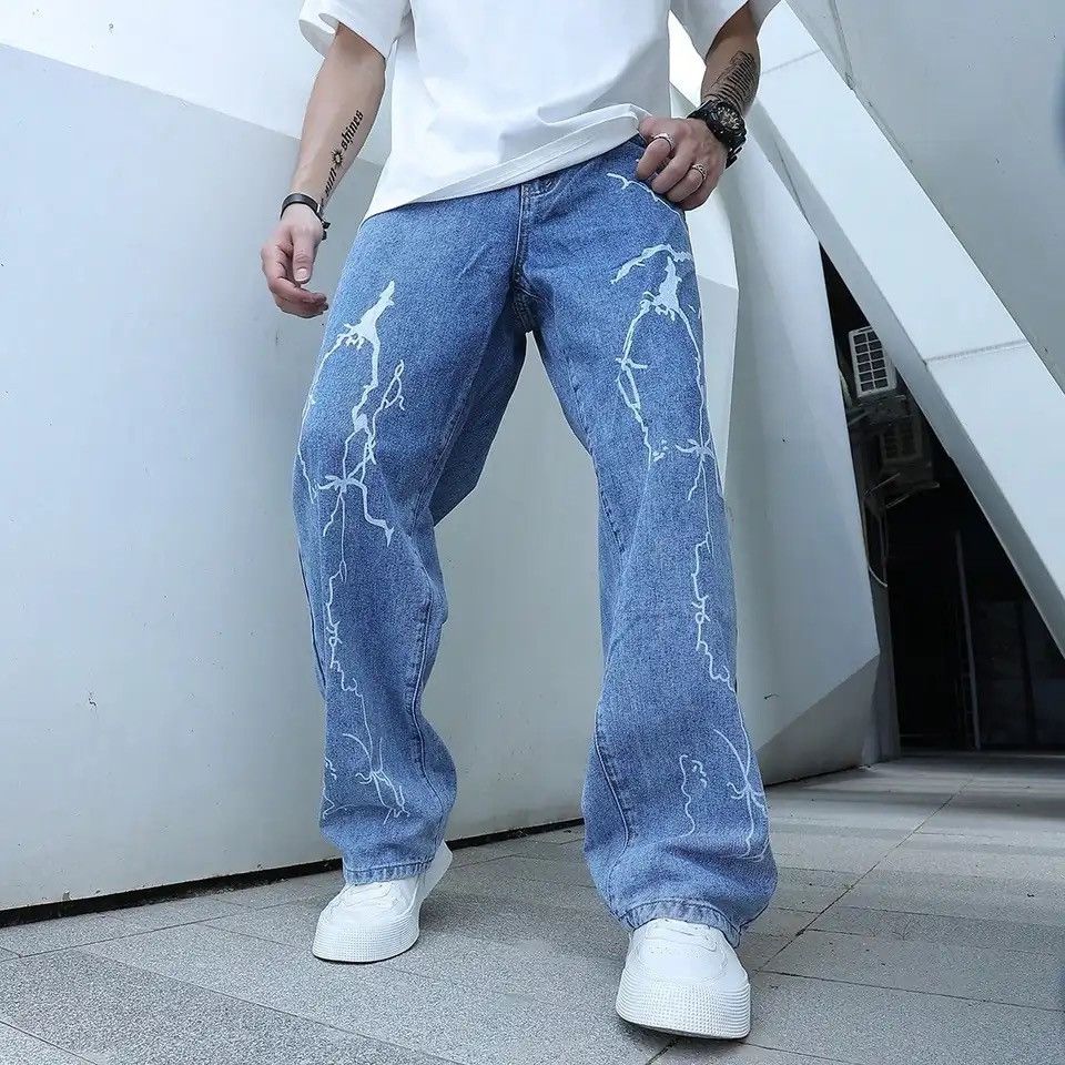 image of Vintage Graffiti Printing Jeans Men's Gradient (Blue) (Size 32)