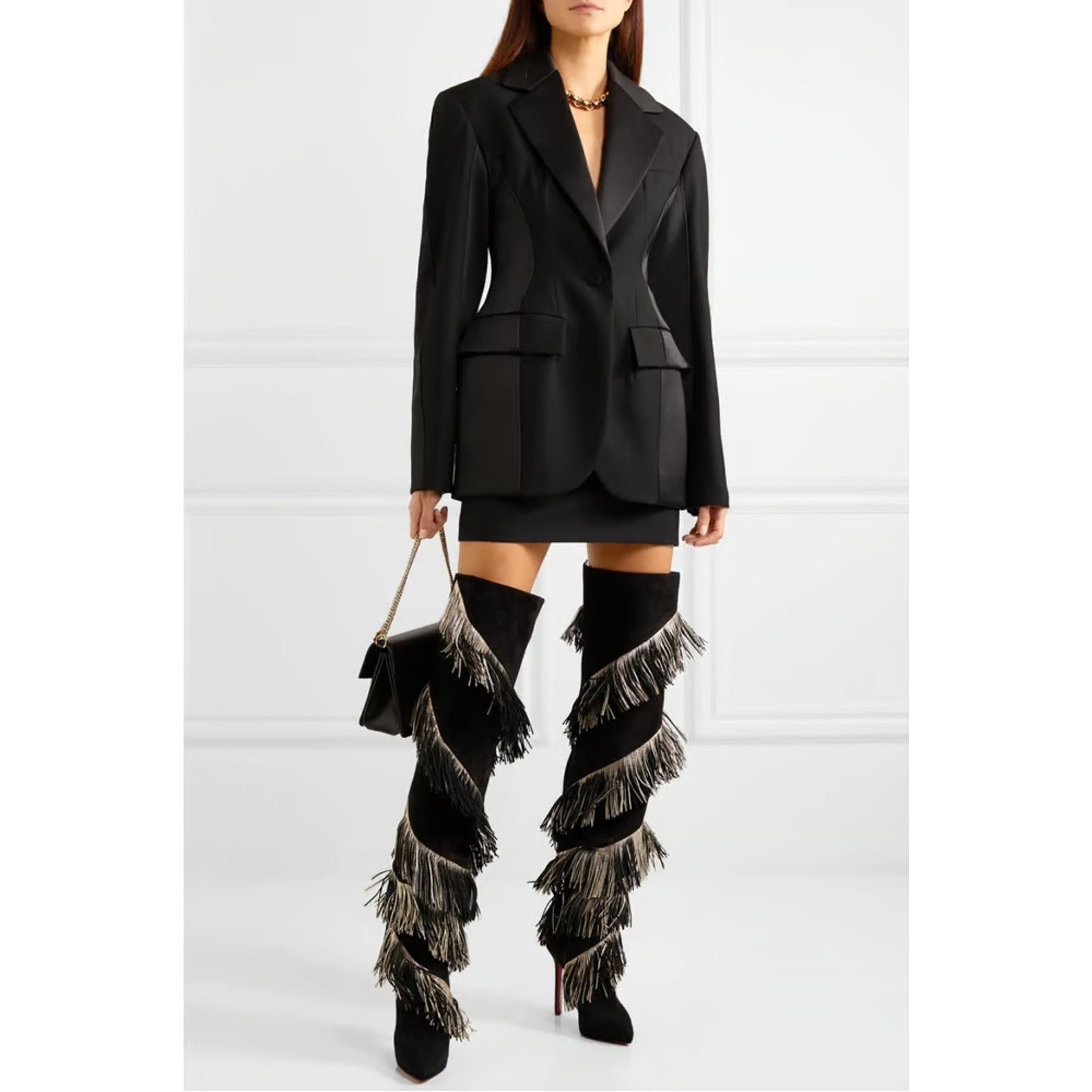 Christian Louboutin Christian Louboutin Bolcheva 120 Black Gold Fring Thigh High Size US 10.5 / IT 40.5 - 5 Thumbnail