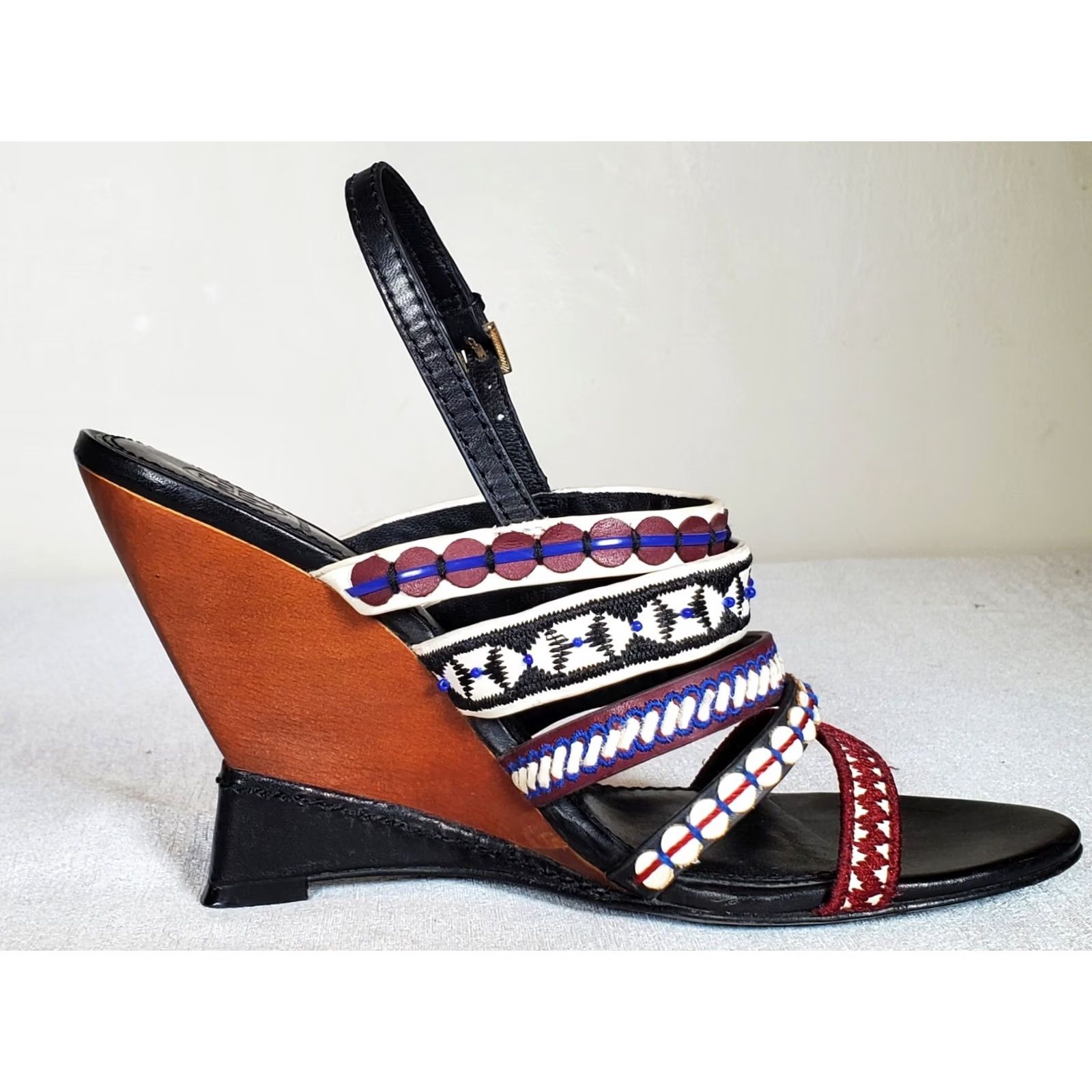 Tory Burch Tory Burch Strappy Womens Red White Blue Black Multi Mixed Trims Leather 100mm Wedge Sandals Women Size US 8 / IT 38 - 6 Thumbnail