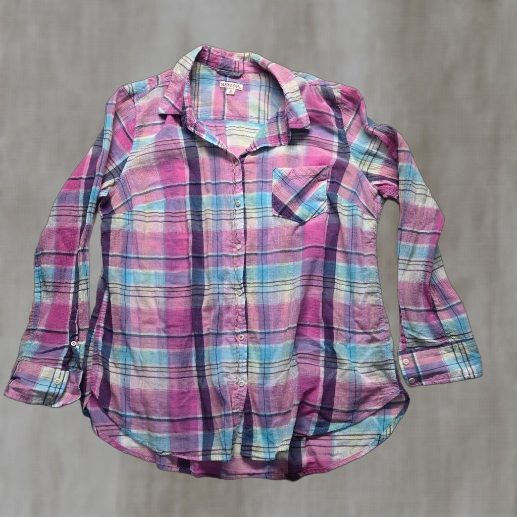 Merona Merona Shirt Womens XL Pink Blue Easter Long Sleeve Button-Up Collar Striped Casual Fit Regular Holiday 90s? (No, avoid extra) Size XL / US 12-14 / IT 48-50 - 1 Thumbnail
