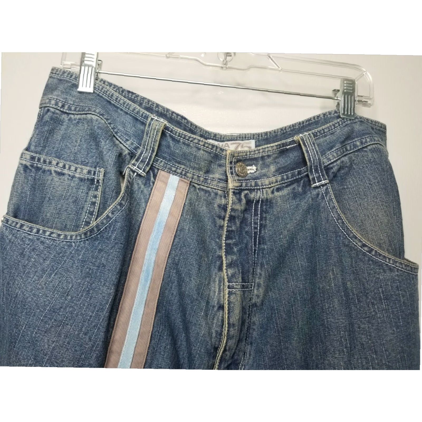 ARQ VINTAGE MARQ SEVENTY FIVE 90s Skater Stripe Baggy Jeans Mens 36x32 Blue Distressed Size US 36 / EU 52 - 3 Thumbnail