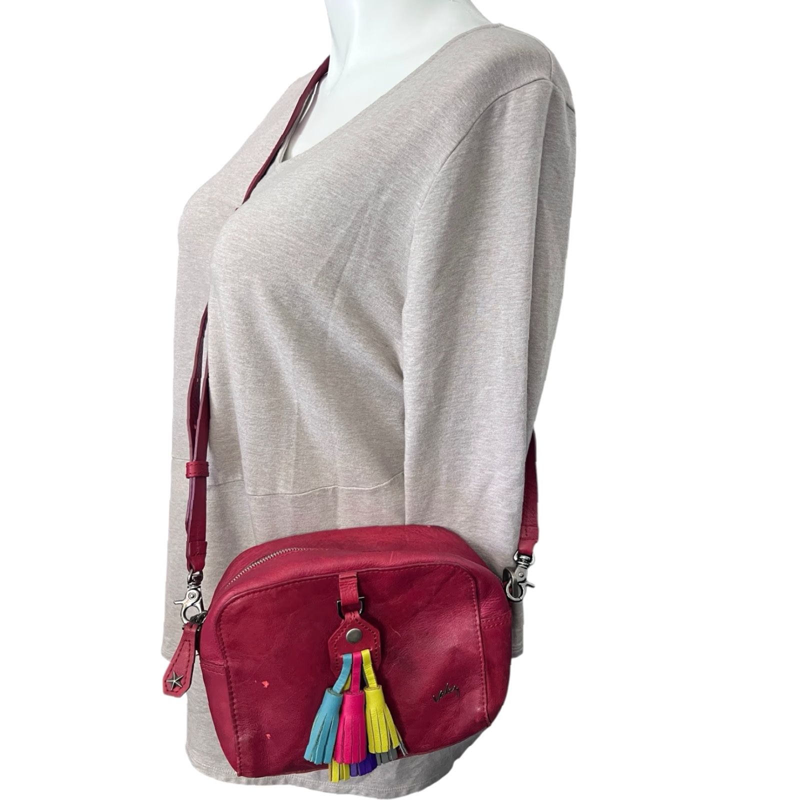 Vintage Velez Leather Handbag Crossbody Red Tassels Adjustable Strap Crossbody Women Medium Red Leather Bag - Velez Size ONE SIZE - 2 Thumbnail