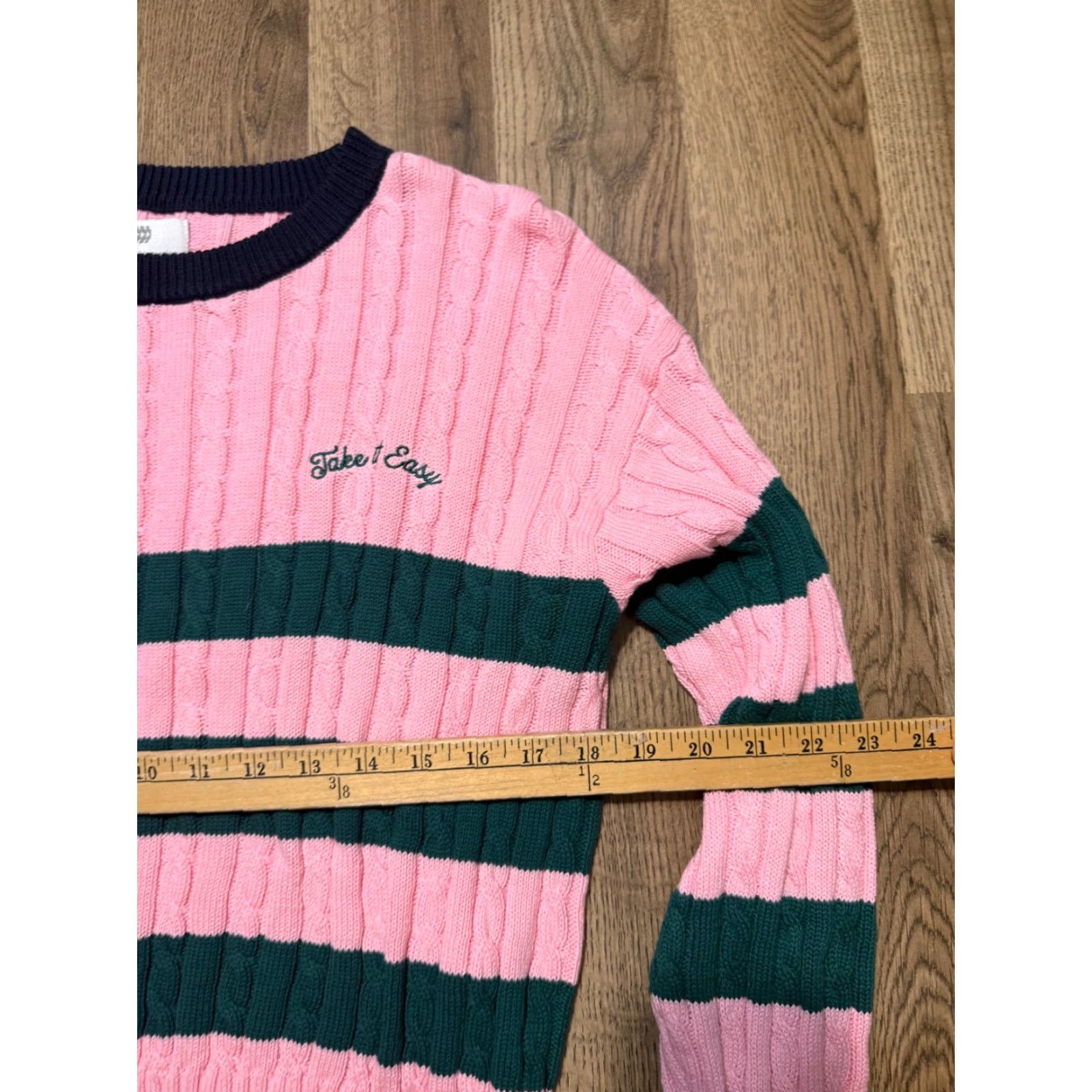 Vintage All in Motion Sweater Women's Medium Pink Blue Green Striped "Take it Easy" Size M / US 6-8 / IT 42-44 - 7 Thumbnail