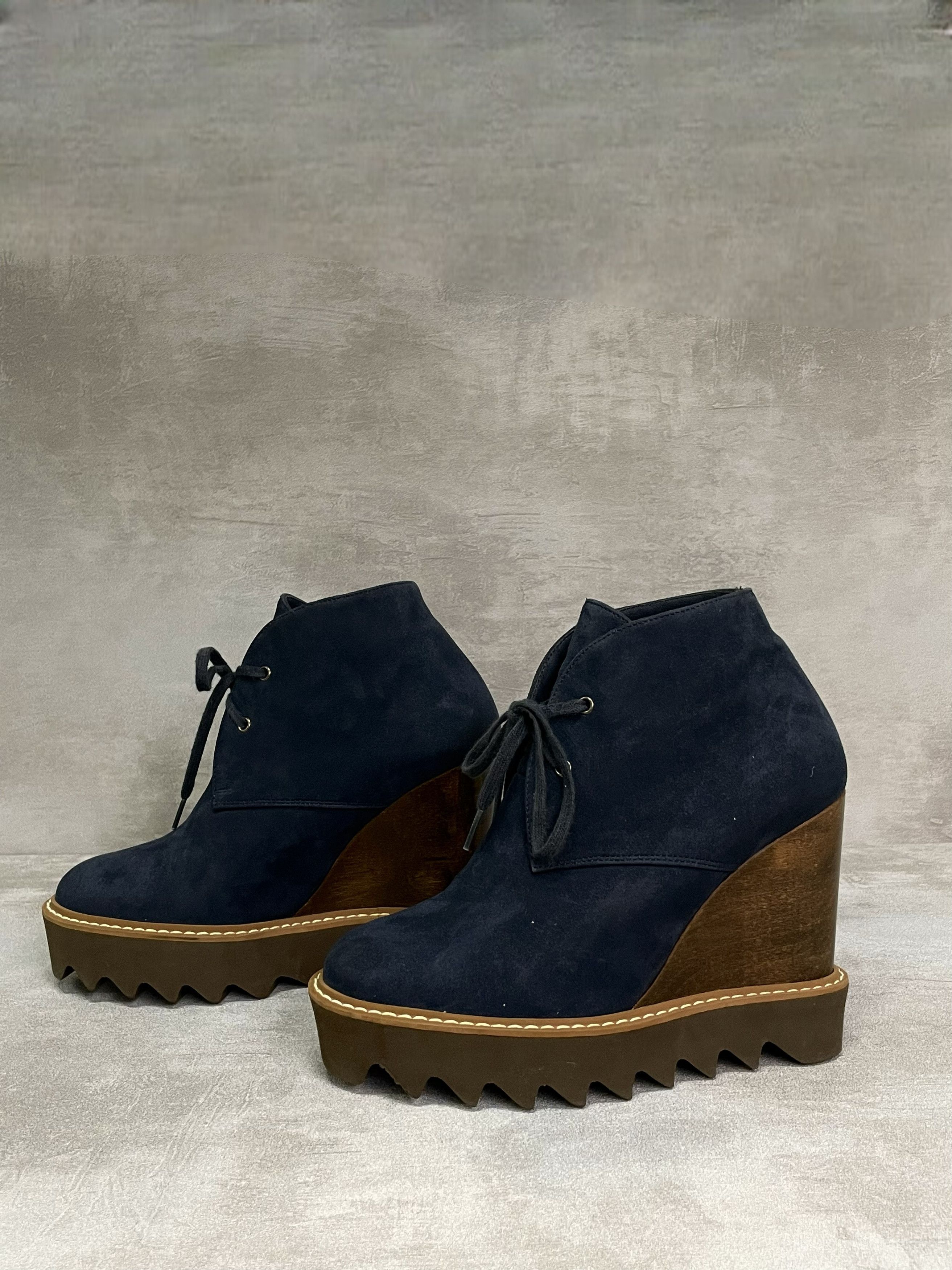 Stella McCartney Stella McCartney Navy Faux Suede Leana Lace Up Wedge Booties Size US 6 / IT 36 - 1 Thumbnail