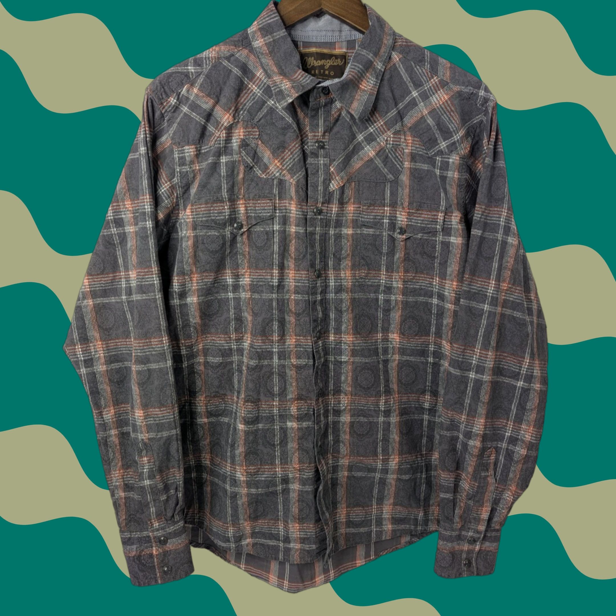 Wrangler Wrangler Retro Western Pearl Snap Long Sleeve Premium Shirt MVR185M Big & Tall Gray Cotton Button-Up Plaid Cowboy Western Mens Clothing Size US L / EU 52-54 / 3 - 1 Thumbnail