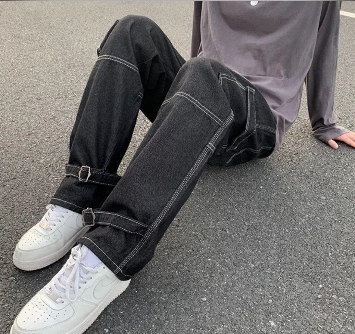 Japanese Brand Black Color Straight Baggy Denim Pants Size US 33 - 2 Thumbnail