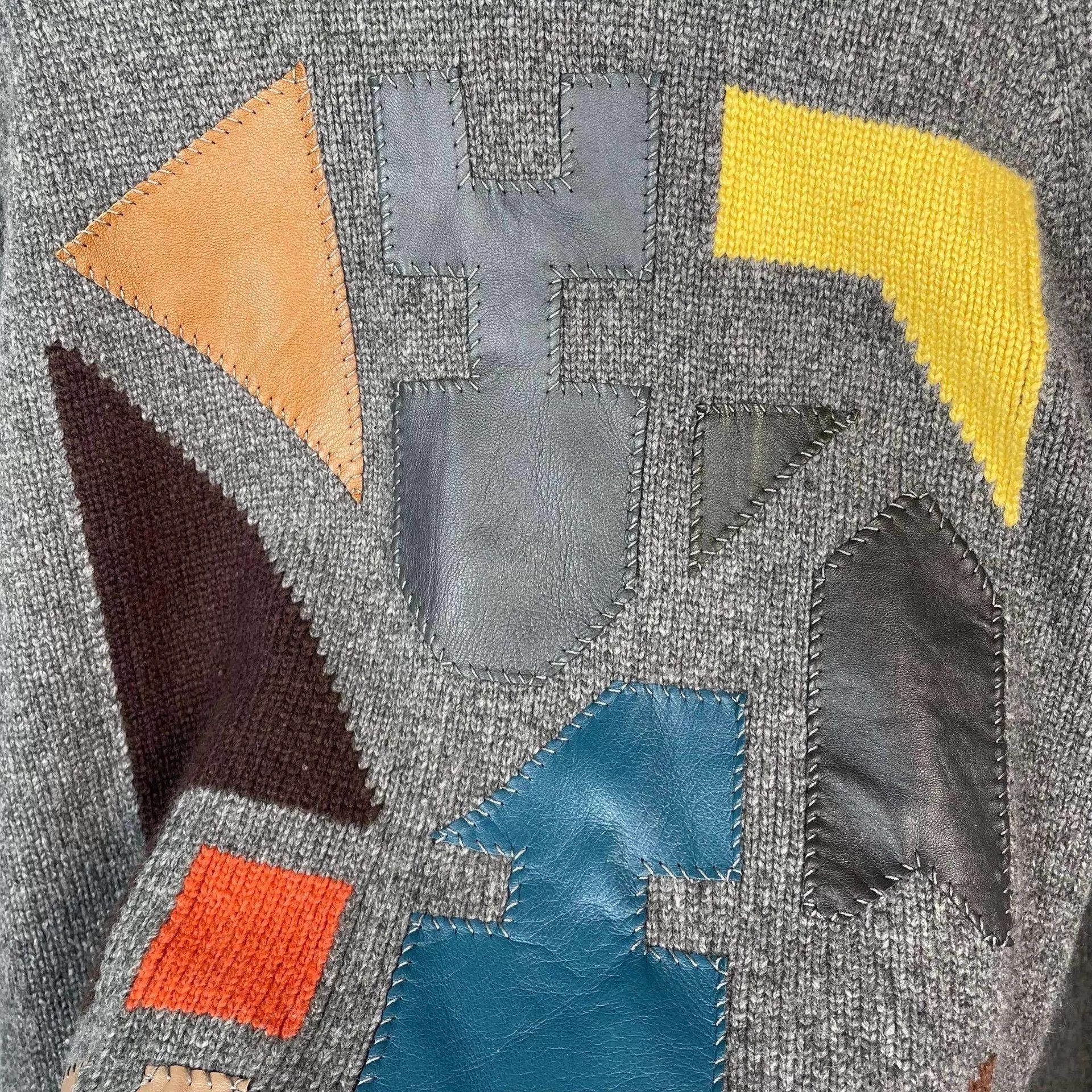 Hermes Hermes Gray Geometric Leather Patchwork Cardigan XL Size US XL / EU 56 / 4 - 7 Thumbnail