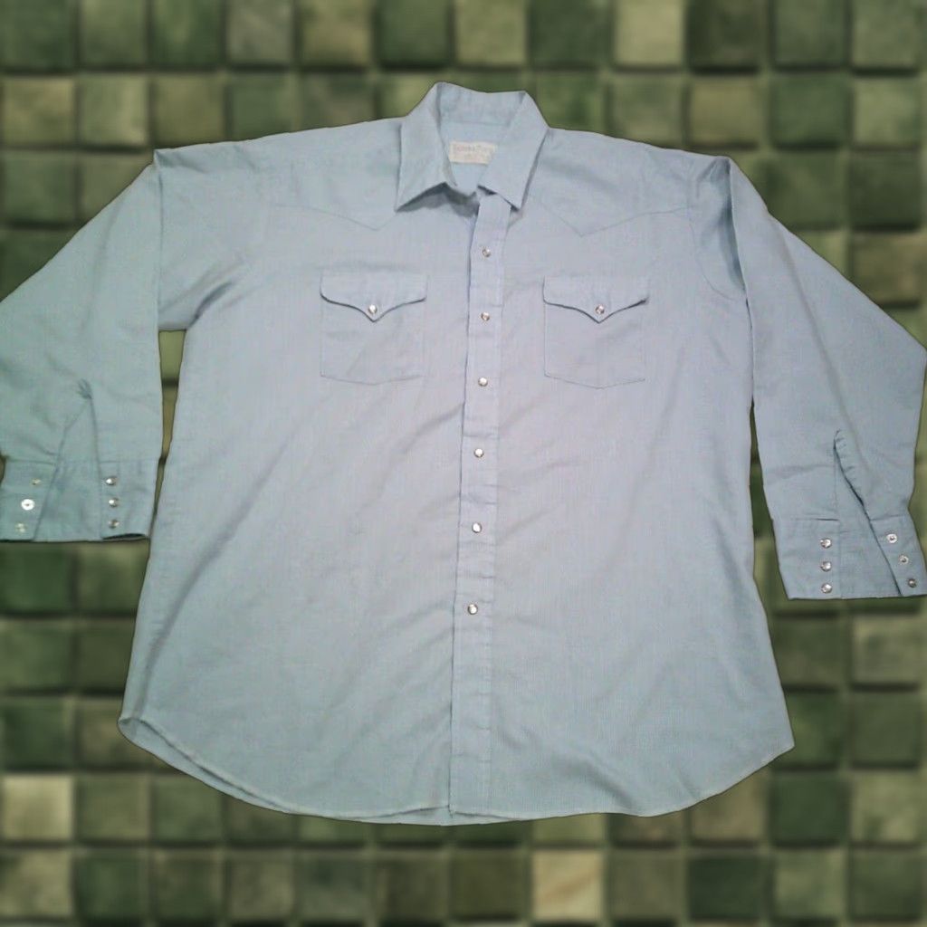 Vintage VINTAGE Ranch & Town Pearl Snap Shirt Mens XL Extra Large 17 1/2 Blue Cotton Blend Knit Long Sleeve Button-Up with Pockets Cowboy Western Rodeo Size US XL / EU 56 / 4 - 1 Thumbnail