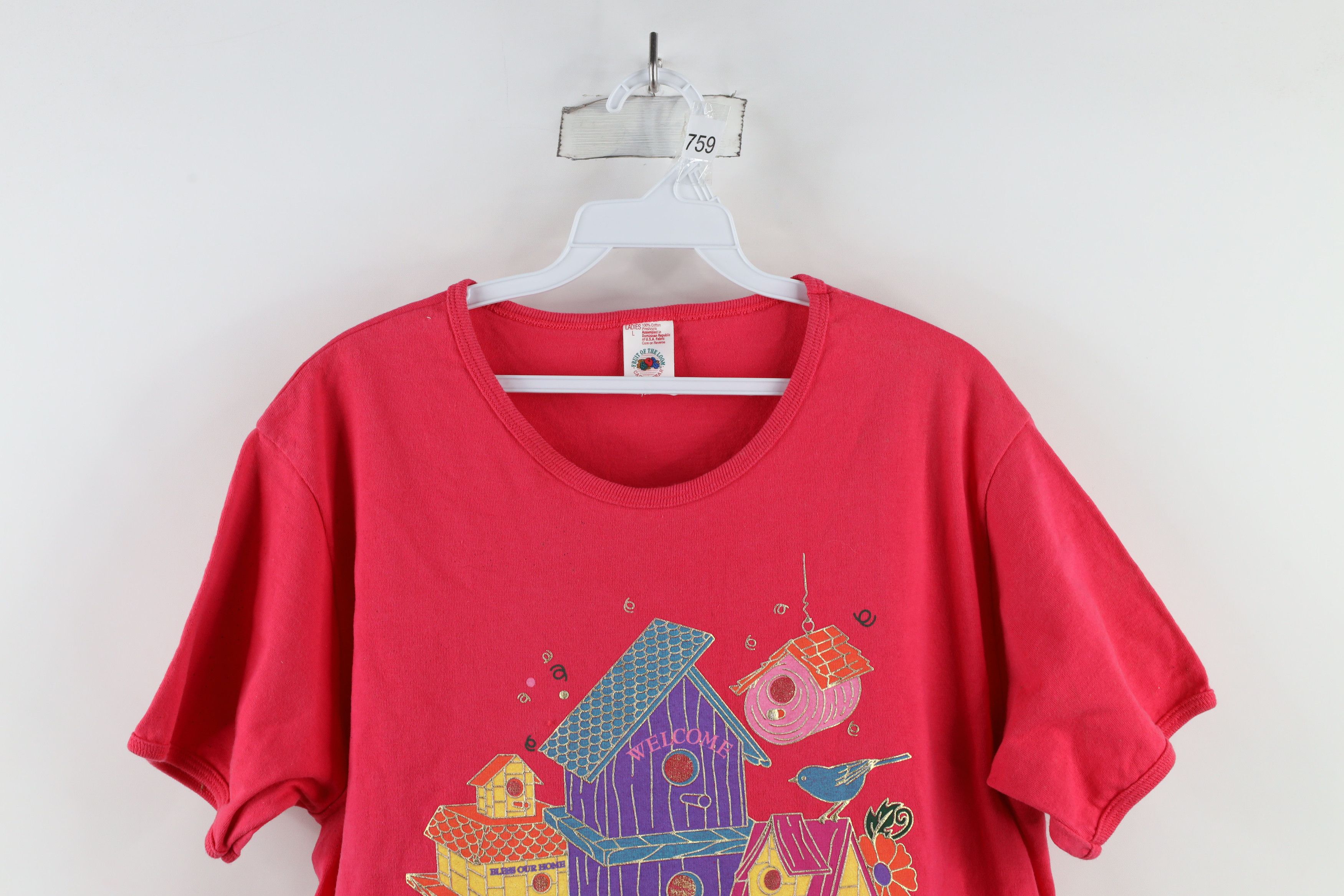 Vintage Vintage 90s Streetwear Flower Birdhouse T-Shirt Pink Size L / US 10 / IT 46 - 2 Thumbnail