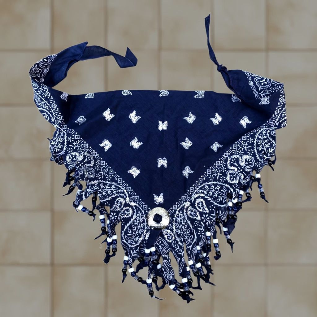 Vintage Beaded Metal Design Bandana Western Blue Paisley Scarf Size ONE SIZE - 1 Thumbnail