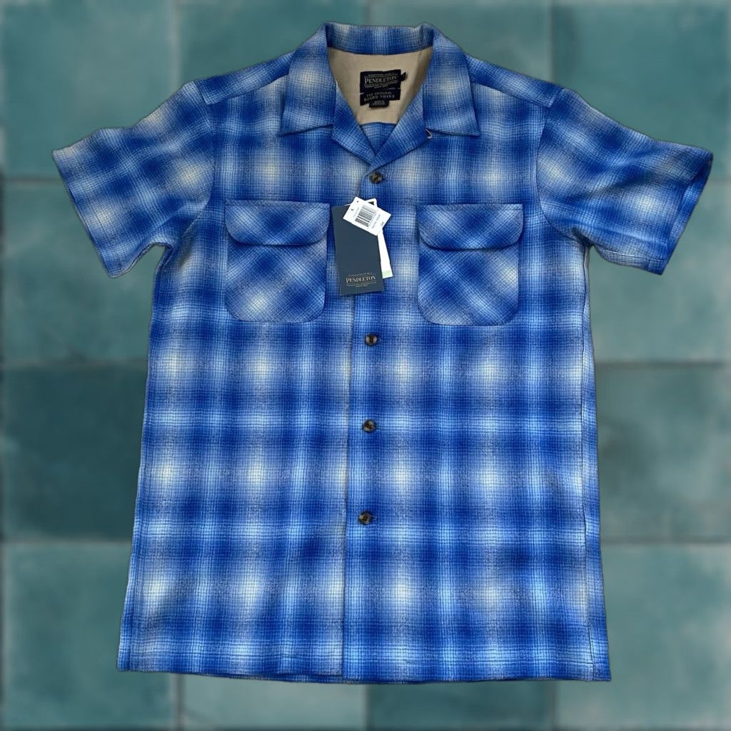 VINTAGE Pendleton Wool Shirt Men Short Sleeve Small Blue Plaid 60s