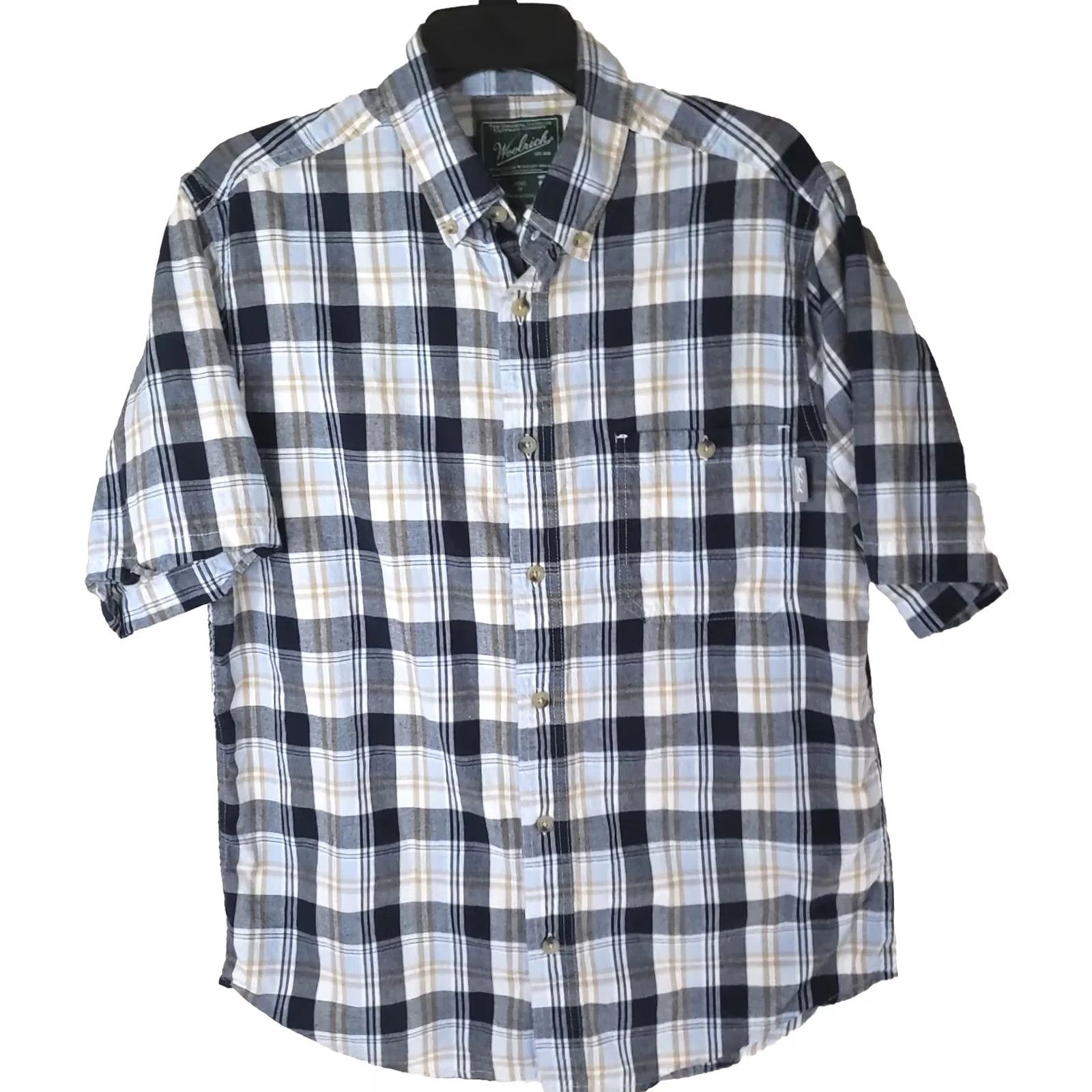 Vintage Woolrich Button-Up Shirt Mens M Blue White Plaid Short Sleeve Pocket Cotton Size US M / EU 48-50 / 2 - 2 Thumbnail