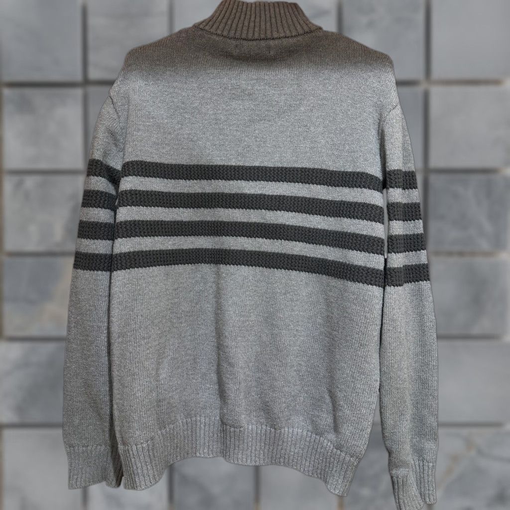 Vintage Tahari Sweater Womens XL Gray 100% Cotton Striped Pullover Mock Neck Long Sleeve Casual Preppy Academia) Size XL / US 12-14 / IT 48-50 - 1 Thumbnail