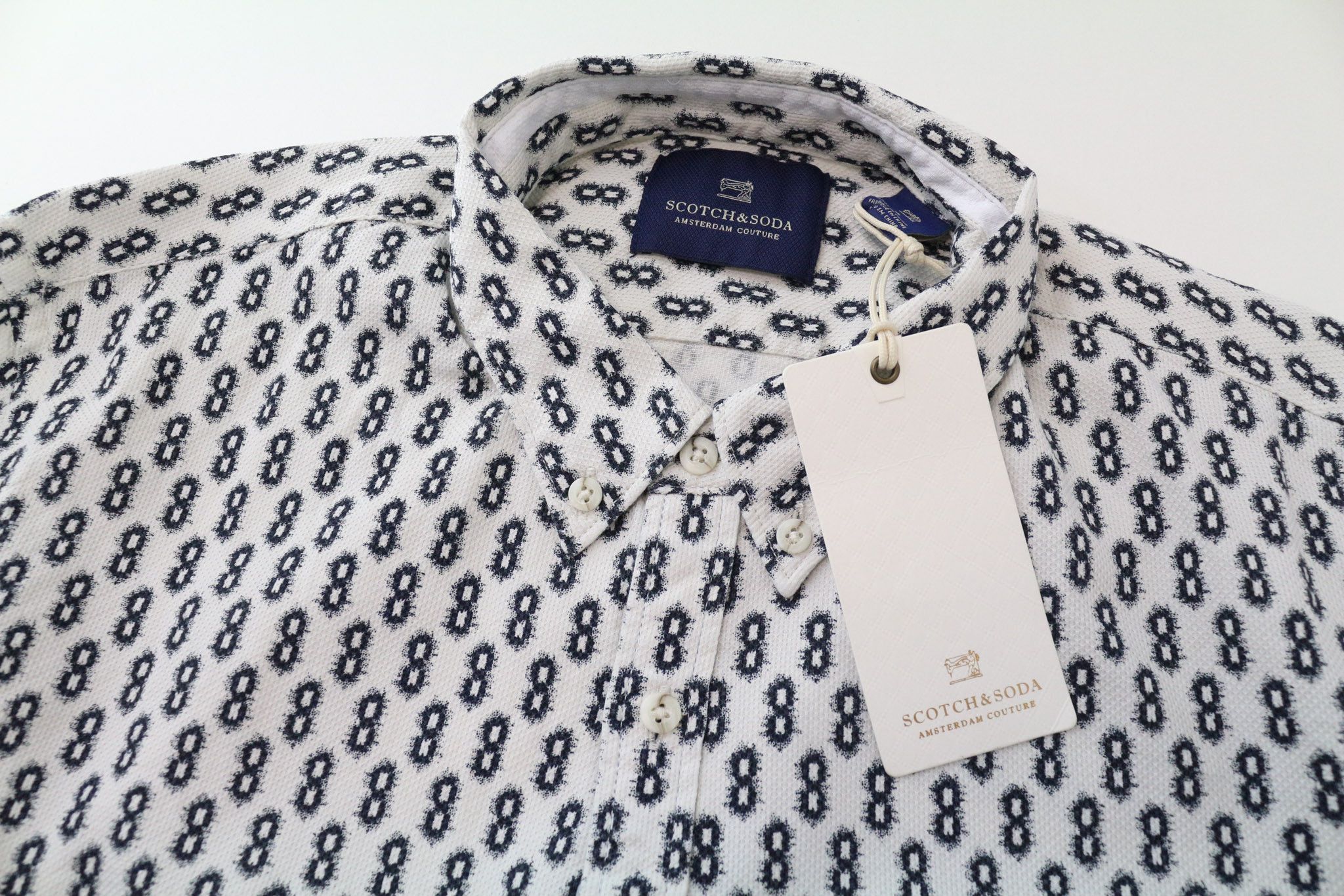 Scotch & Soda AMS COUTURE L White Navy Patterned Cotton Shirt 75667 Size US L / EU 52-54 / 3 - 3 Thumbnail