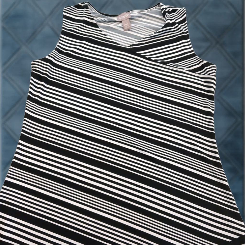 Vintage Chico's Maxi Dress Black Striped Asymmetric Sleeveless Pullover V-Neck Size 1 Polyester Spandex Women Dress Long Vintage No Size XS / US 0-2 / IT 36-38 - 1 Thumbnail