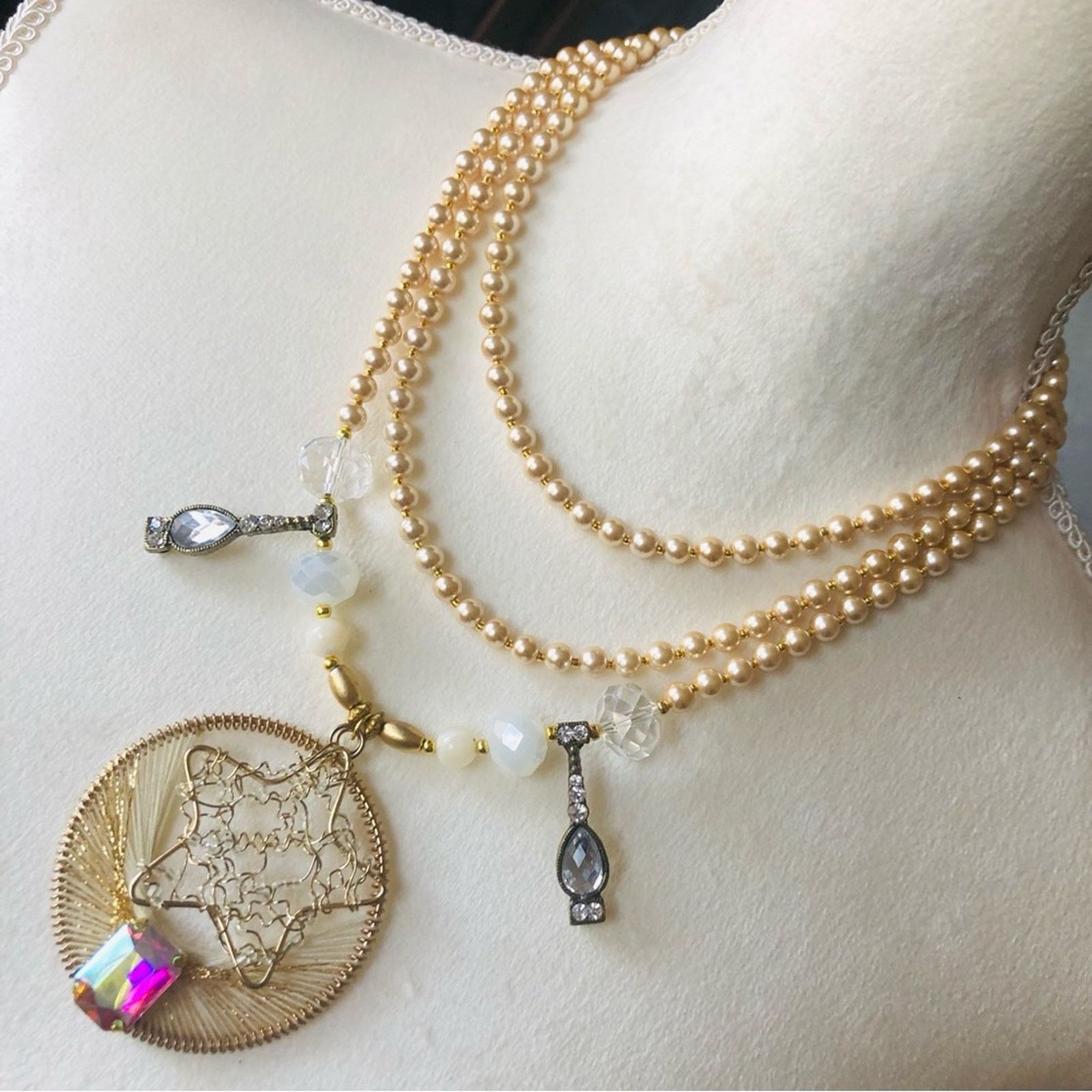 Handmade Handcrafted repurpose moon & stars gem Pearl necklace Size ONE SIZE - 1 Thumbnail