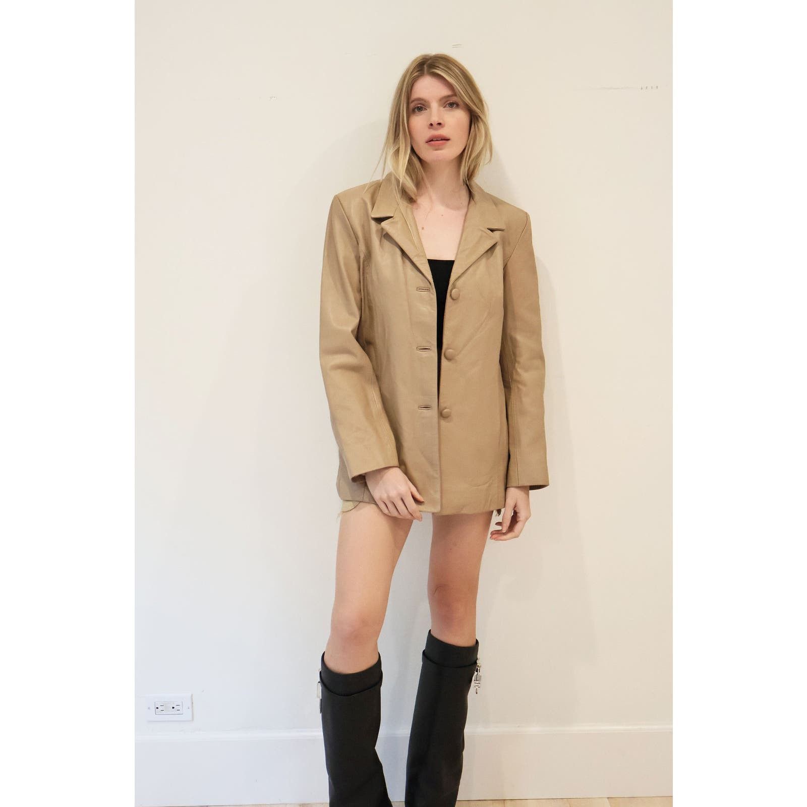 image of Vintage Y2K Nude Leather Minimalist Blazer in Tan, Women's (Size XL)