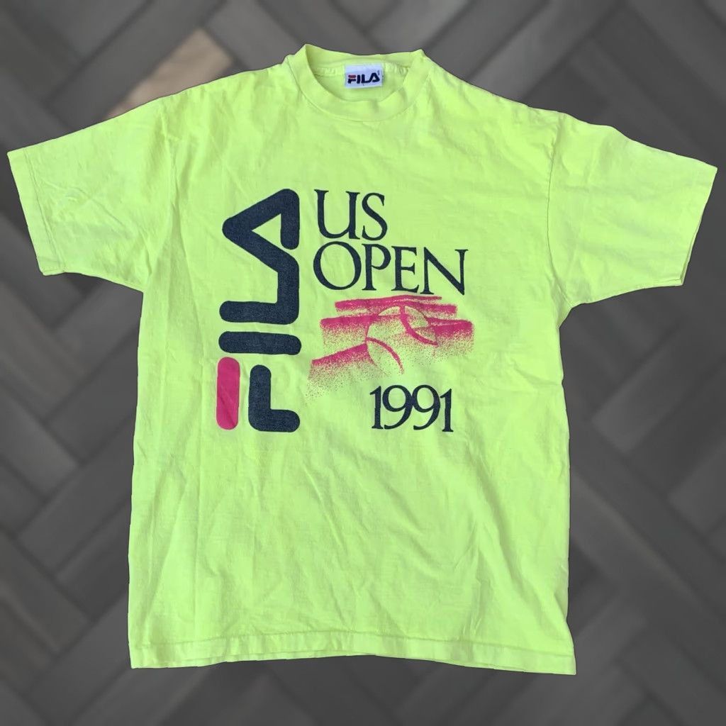 Fila VINTAGE FILA US OPEN 1991 T Shirt Graphic Tee Neon Yellow 90s 1990s Size L Mens Cotton Short Sleeve Graphic Print Open Size US L / EU 52-54 / 3 - 1 Thumbnail