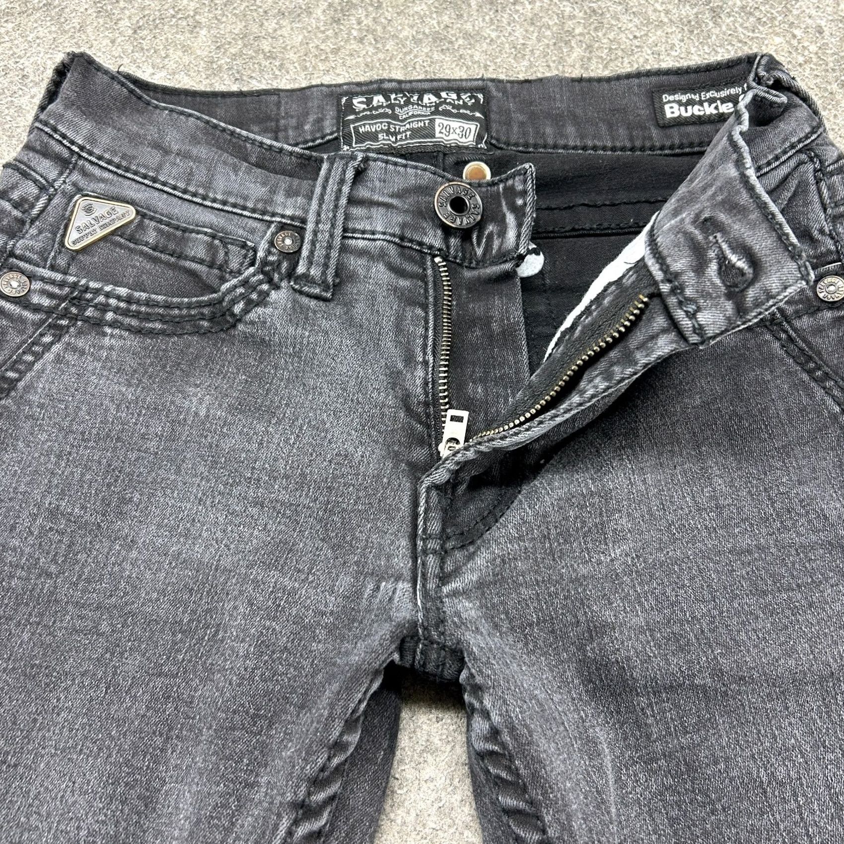 Vintage Salvage Jeans Mens 29x30 Black Havoc Straight Slim Dark Wash Thick Stitch Stretch Buckle Bke 5-Pocket Denim Cotton Slimming Jeans Brand Salvage Size US 29 - 2 Thumbnail