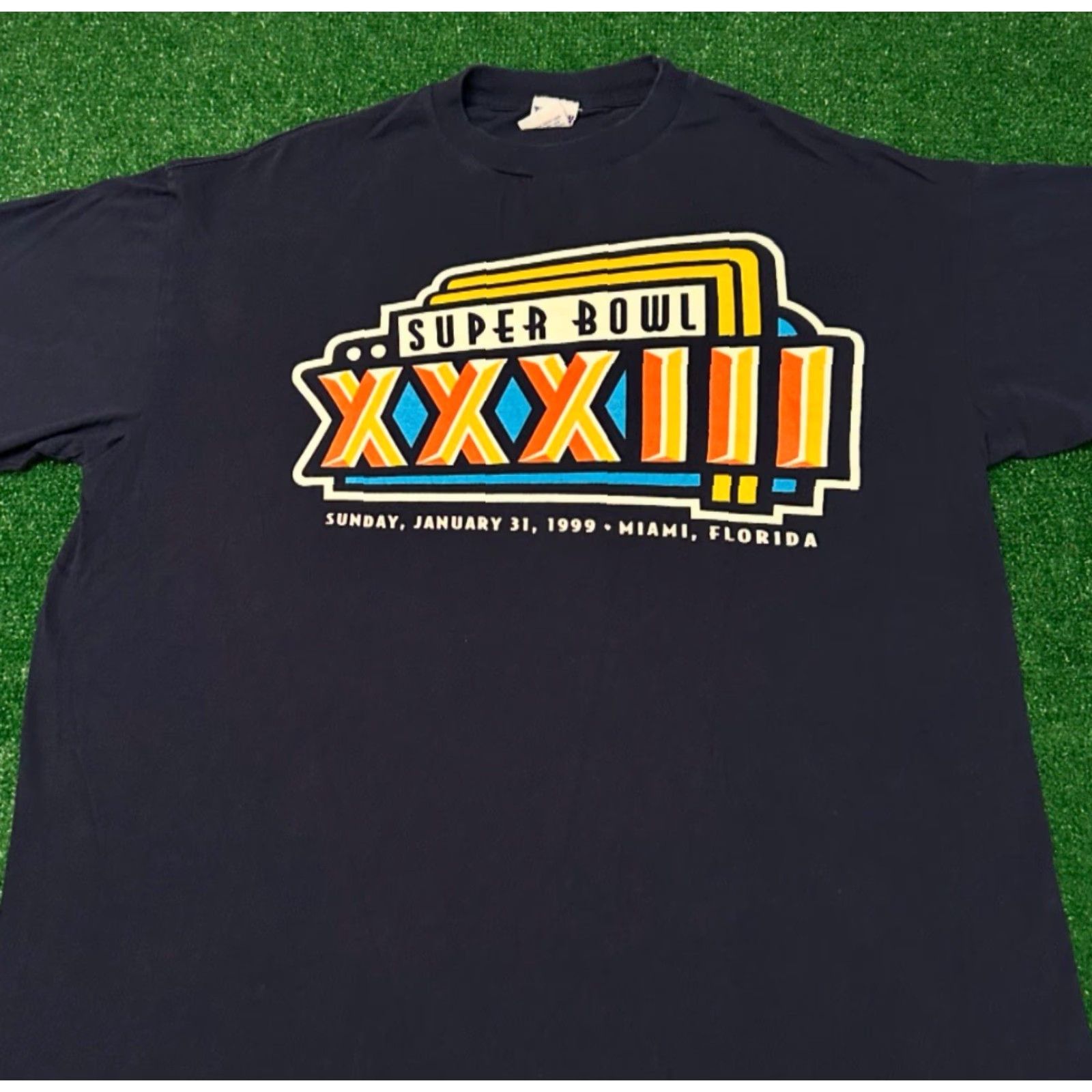 NFL VINTAGE 90s NFL Super Bowl 1999 Miami Florida VTG Shirt Mens XL Broncos Falcons T-Shirt Blue Men XL 90s Sports Florida Vintage Size US XL / EU 56 / 4 - 3 Thumbnail
