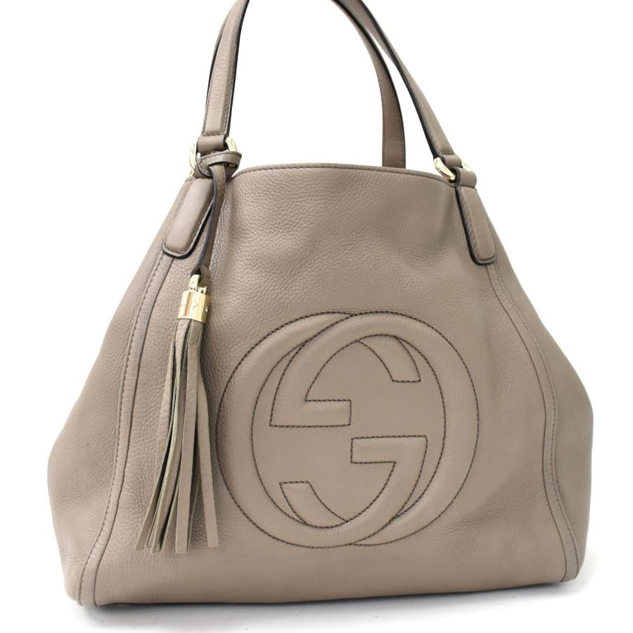 image of Gucci Handbag Tote Soho Fringe Tassel Leather Greige in Beige, Women's