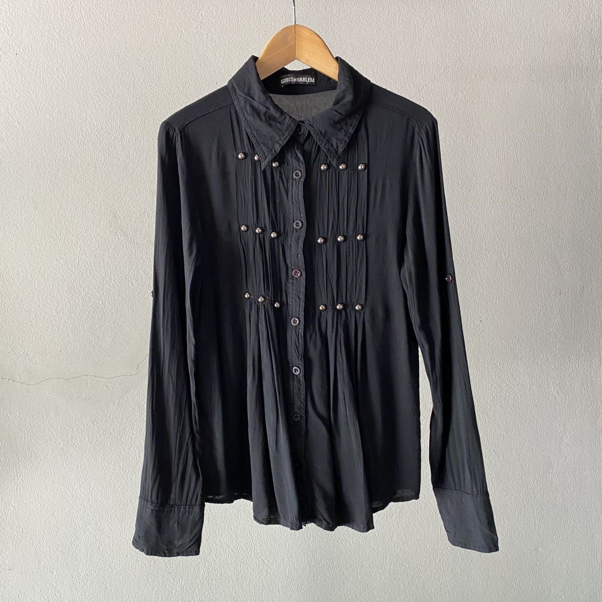 Japanese Brand GHOST OF HARLEM Punk Y2K Black Pleated Pearl Button Shirt Size S / US 4 / IT 40 - 22 Thumbnail