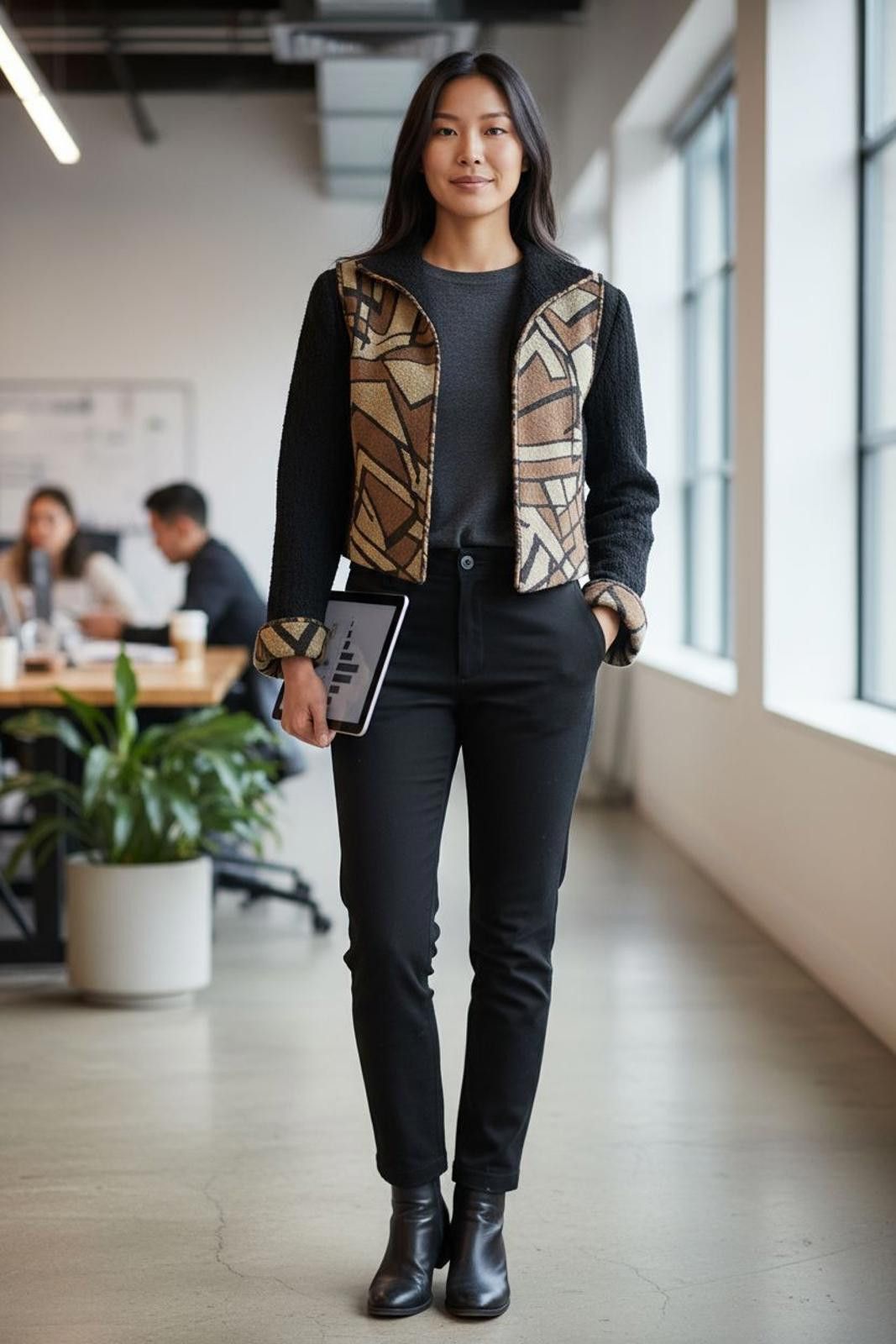 Threadless Vintage Treadle Womens Black & Brown Patterned Zip-Up Jacket Size M / US 6-8 / IT 42-44 - 2 Thumbnail