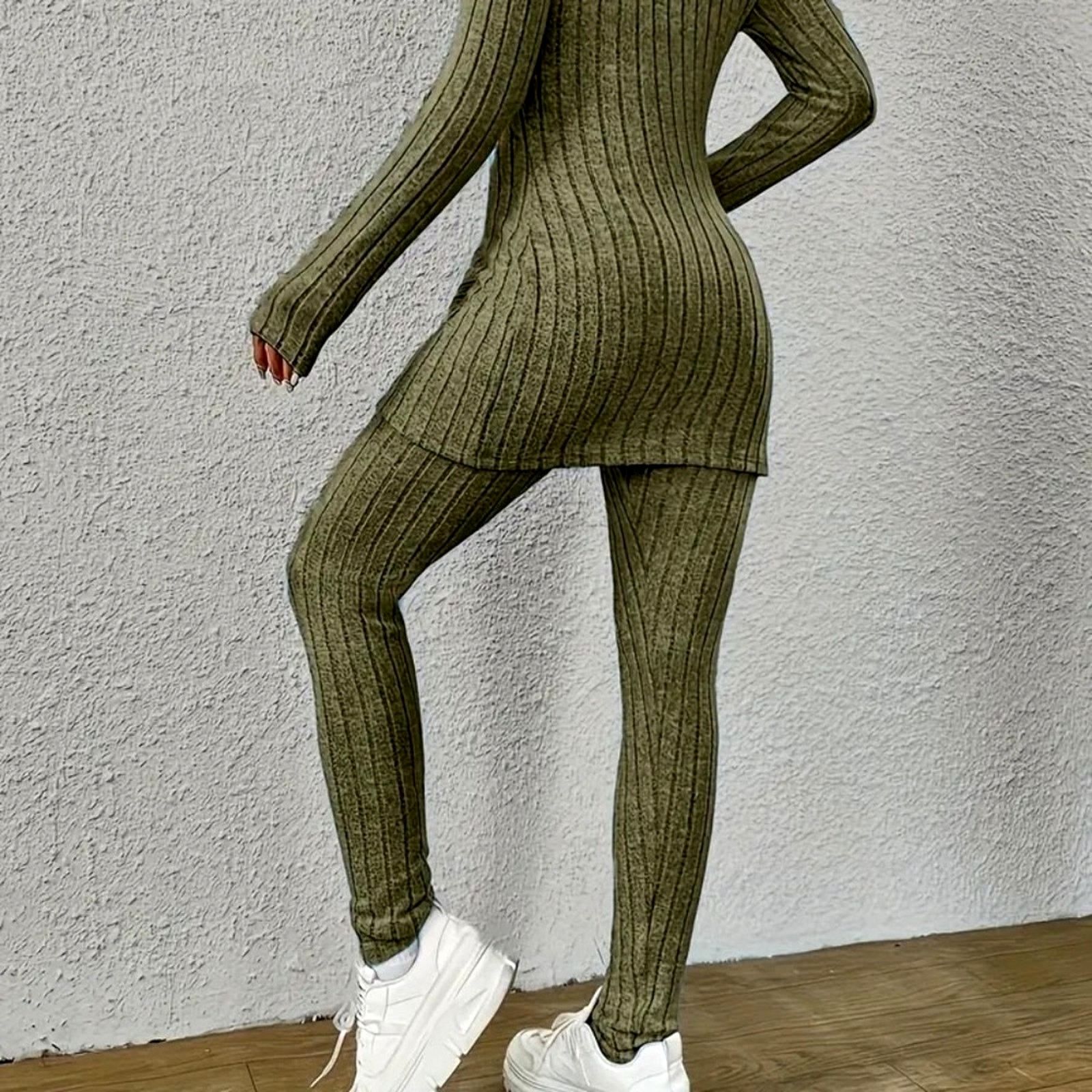 Other Casual Ribbed Knit Two-piece Set - Army Green - size M Size 29" - 4 Thumbnail
