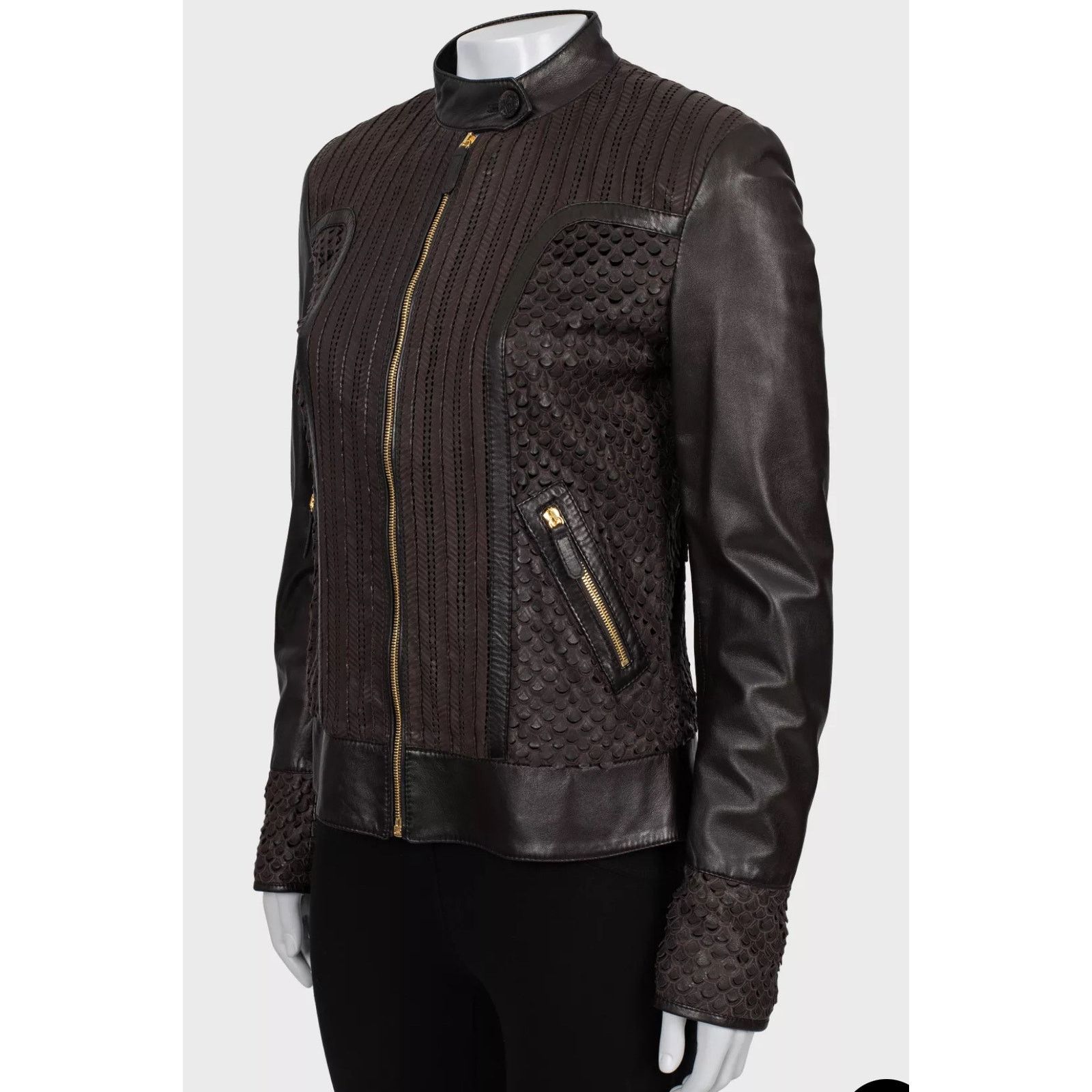 Roberto Cavalli Roberto Cavalli Brown Perforated Leather Jacket - IT40/S Size S / US 4 / IT 40 - 2 Thumbnail
