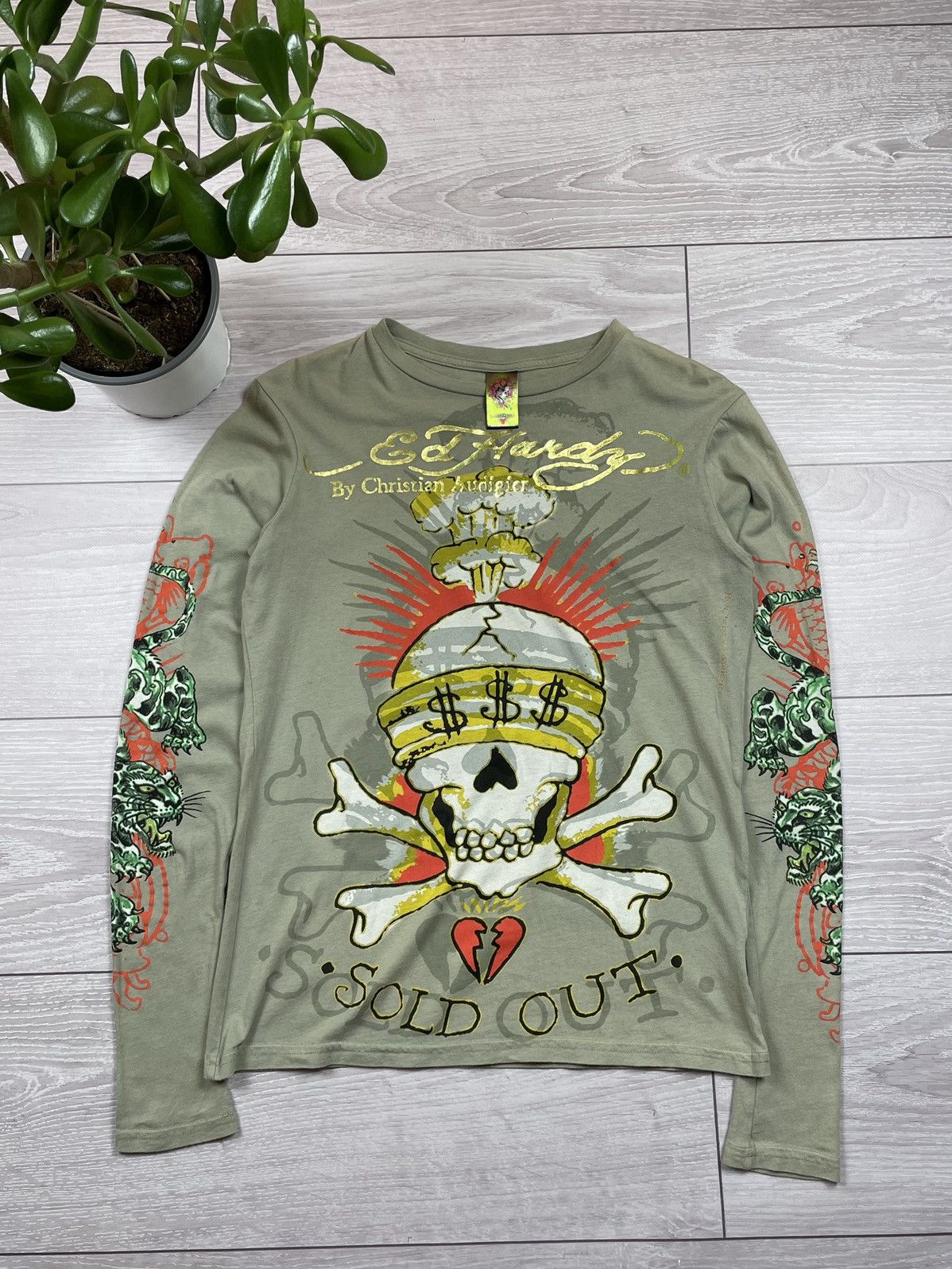 image of Christian Audigier x Ed Hardy Vintage Ed Hardy Tattoo Skulls All Over Print Long Sleeve (Size Small