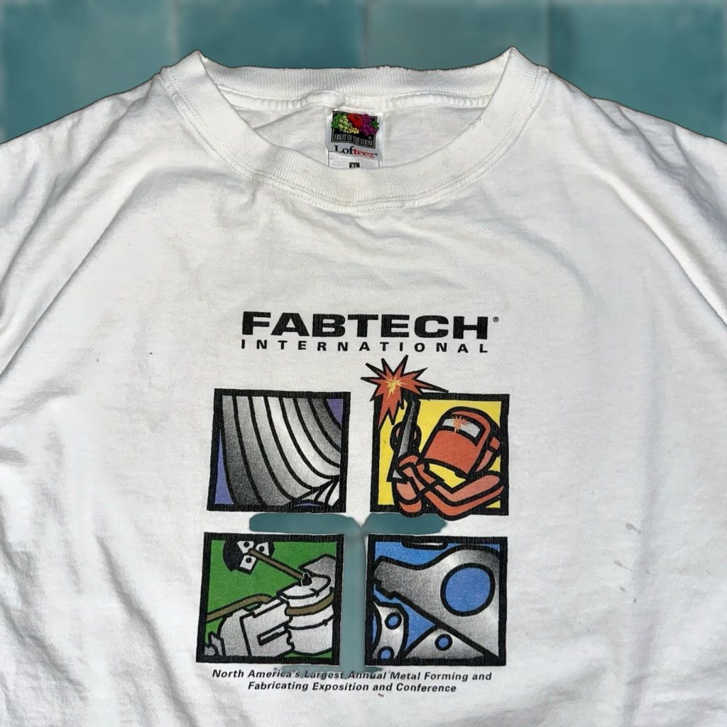 VINTAGE Fabtech Fab Tech International Metal Work T Shirt XL White Men Crew Neck Short Sleeve Graphic Print Cars 70s 80s 90s Vintage Mens