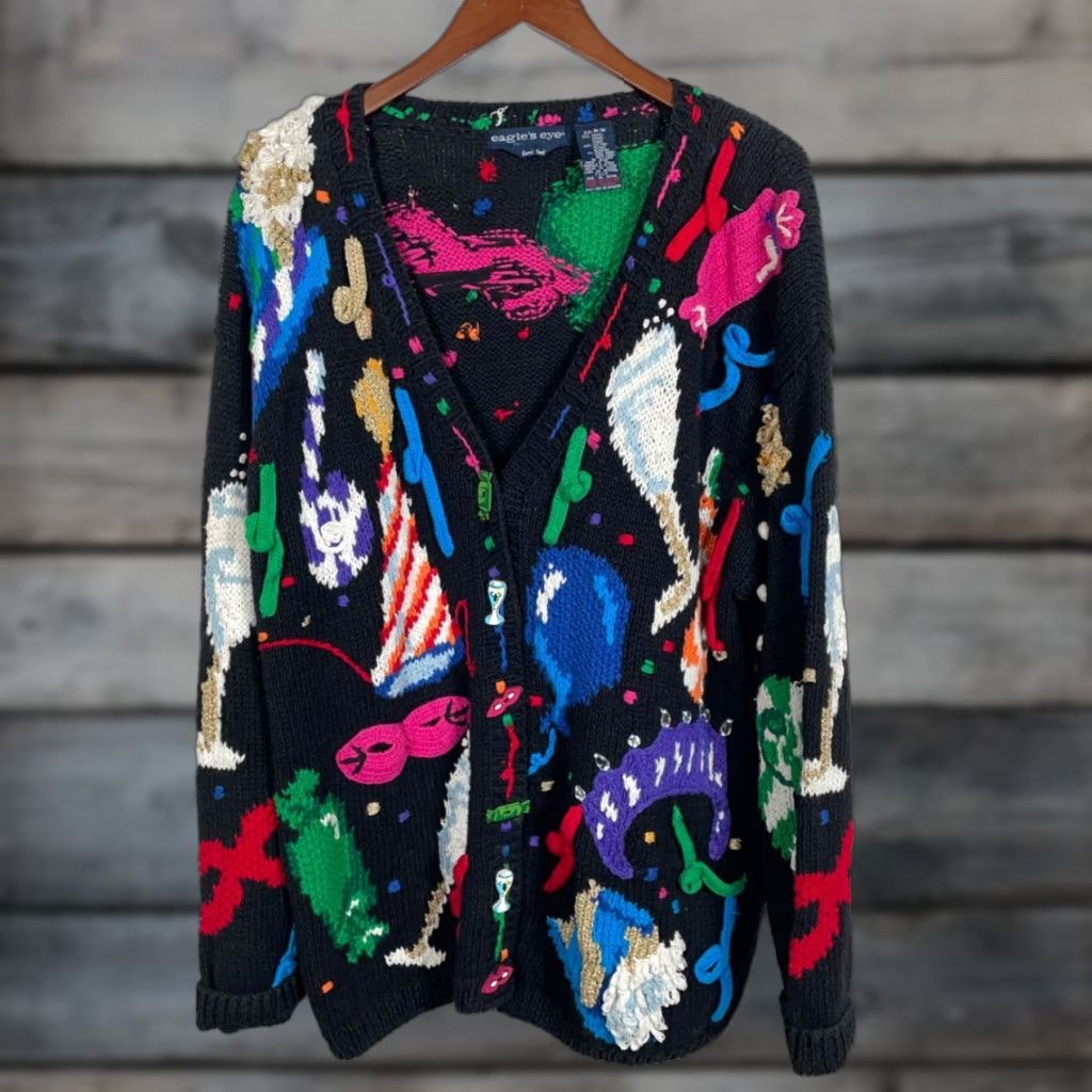Vintage VINTAGE Eagle's Eye Cardigan Woman's Medium Black Hand Knit Crew Neck 90s Holiday Beaded Embroidered Sweater Girls/Womens? Size M / US 6-8 / IT 42-44 - 1 Thumbnail