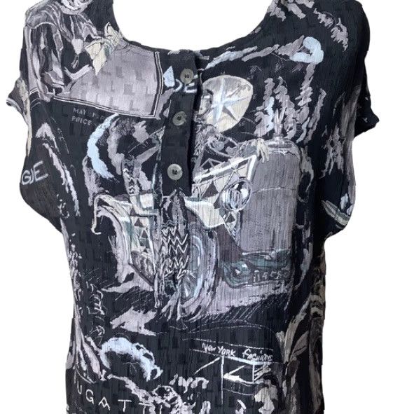 Vogue VINTAGE Bugatti Car Themed Blouse Women's L Black Viscose Short Sleeve Round Neck Pullover 70s 80s Couture Retro Car Graphic Men/Women? Size L / US 10 / IT 46 - 4 Thumbnail