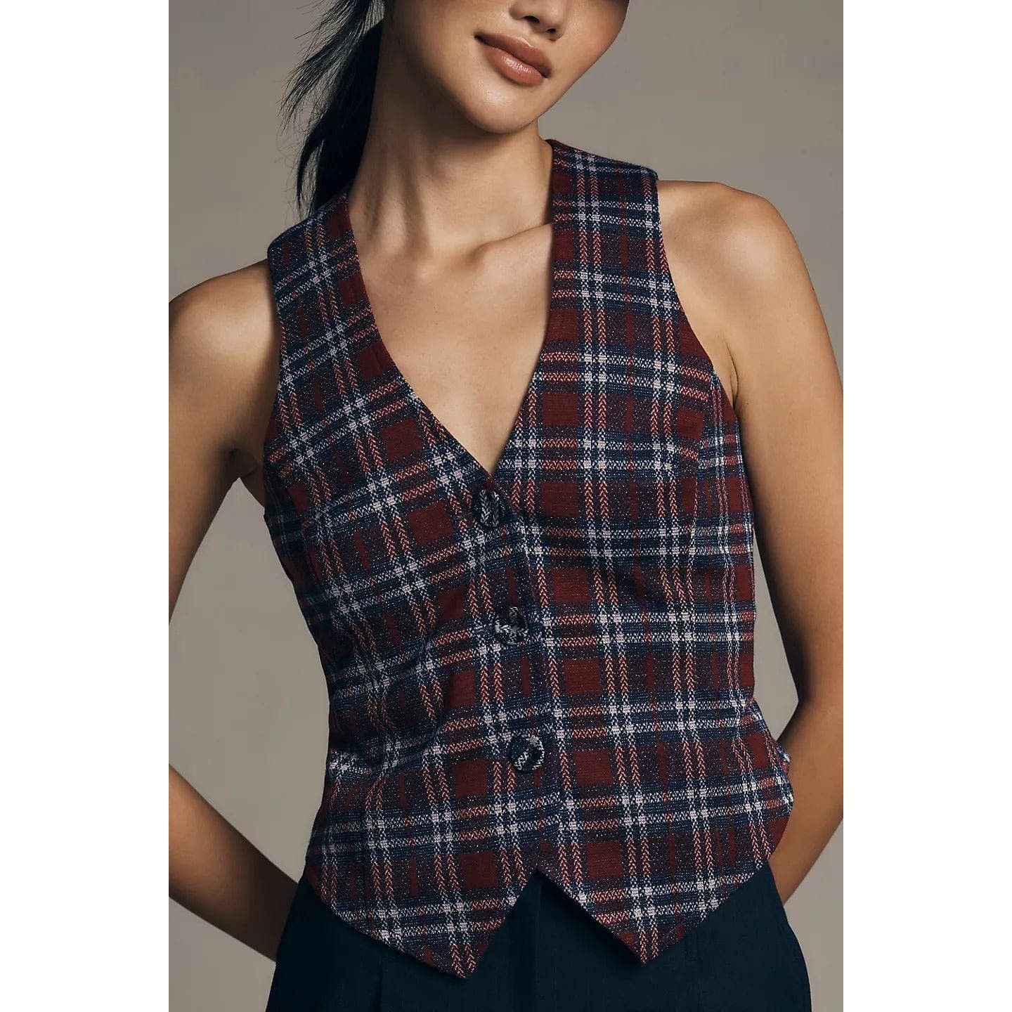 image of Eva Franco Plaid Button-Front Vest in Blue, Women's (Size Small)