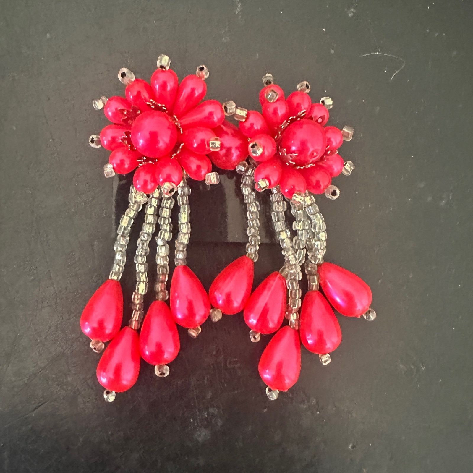 Vintage Vintage 1980s Pink Fuschia Beaded Dangle Clip On Earrings Size ONE SIZE - 2 Thumbnail