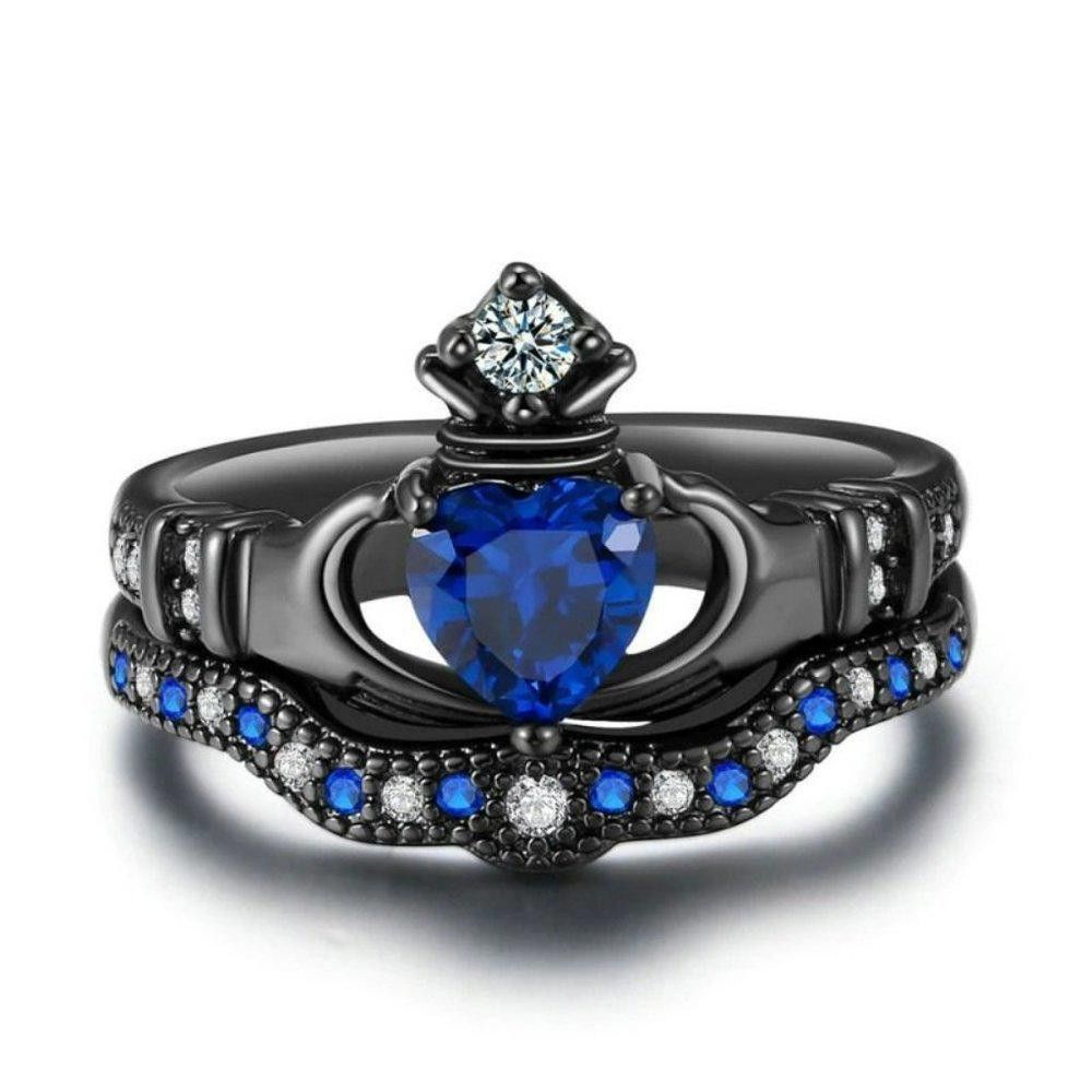Designer 2pcs Wrapping Hands Blue Heart Black Crown Ring Set - Size 7 Size ONE SIZE - 8 Thumbnail